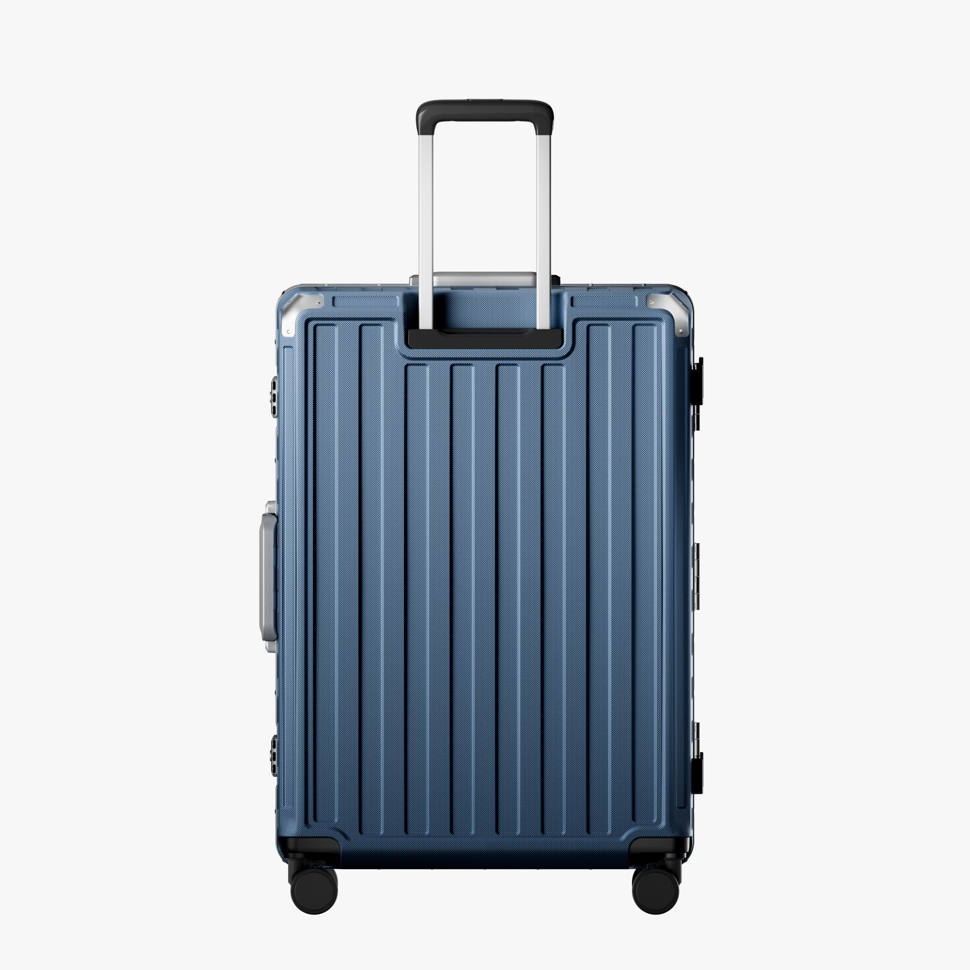 LUGGEX Zipperless aluminum 28-inch check-in luggage with a 4-stage adjustable handle, reinforced corners, dual TSA-approved locks, removable privacy divider, and shock-absorbing spinner wheels.