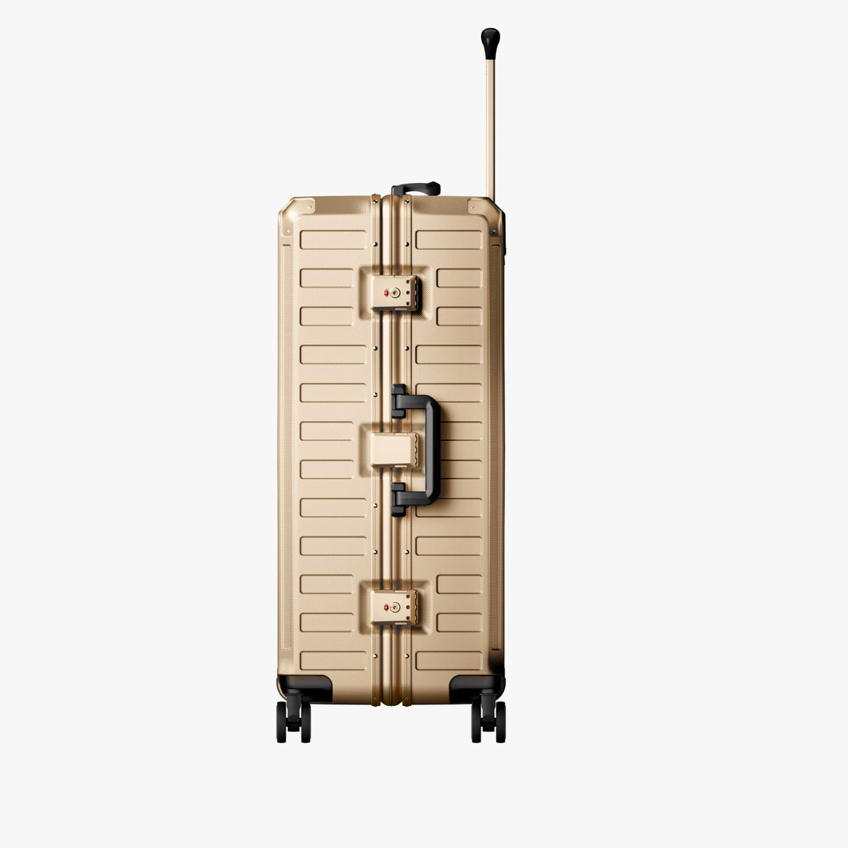 LUGGEX ZX 28-inch champagne gold suitcase, latch side view.