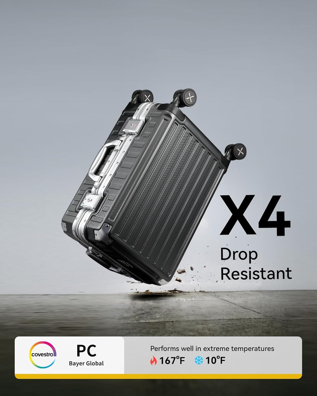 Durable Aluminum Checked Luggage with Zipperless Design & Reinforced Corner Protectors, Drop Tested for Impact Resistance (Overhead View)