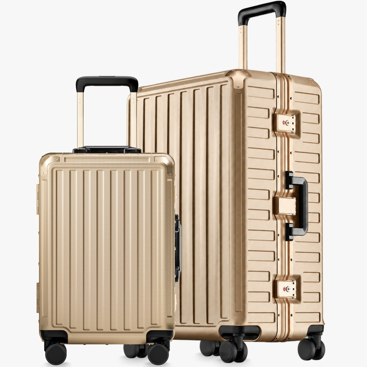 100% polycarbonate hard shell, and reinforced aluminum frame for durable protection and long-term travel use. #LUGGEX aluminum-frame zipperless luggage set with 100% polycarbonate hard shell, TSA-approved locks, and smooth spinner wheels for durable, secure travel.#color_champagne_gold#new-arrival