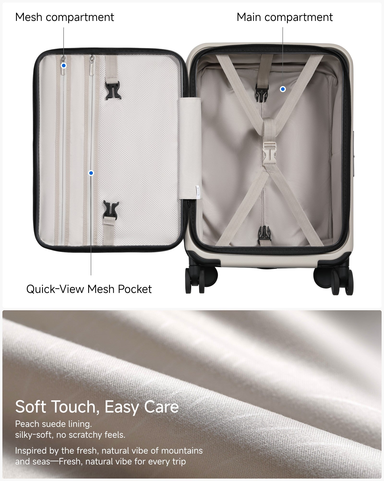 Interior view of LUGGEX FLO Lite beige 20-inch carry-on luggage showing mesh pocket, main compartment with straps, and soft-touch peach suede lining.