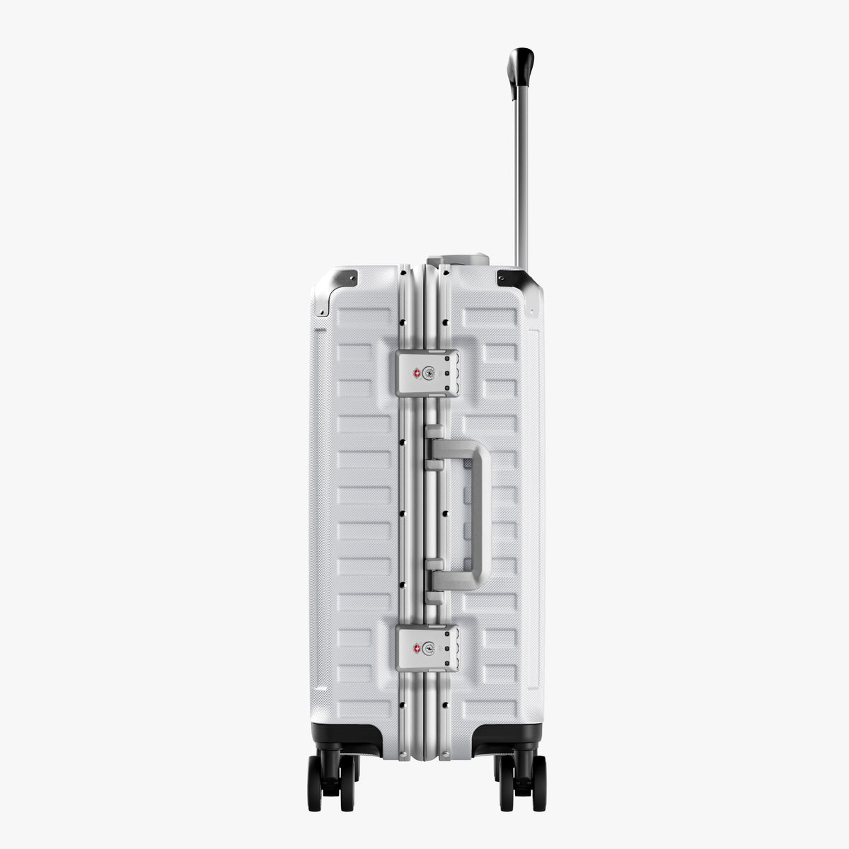 Side view of aluminum frame luggage with protective foot pads that elevate the shell and prevent scratches when the suitcase is placed on the ground. #show #color_sliver_grey