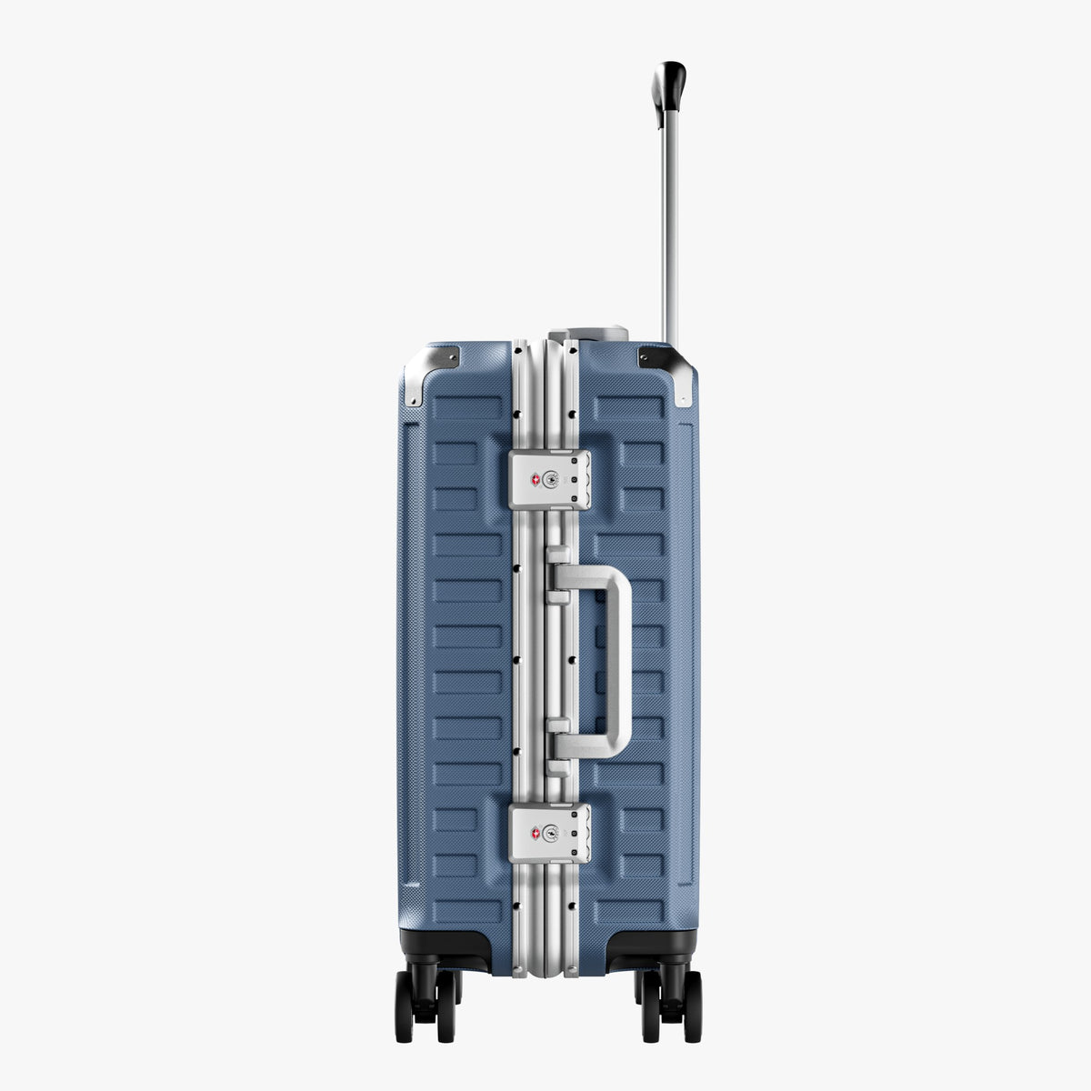 Side view of aluminum frame luggage with protective foot pads that elevate the shell and prevent scratches when the suitcase is placed on the ground. #show #color_blue