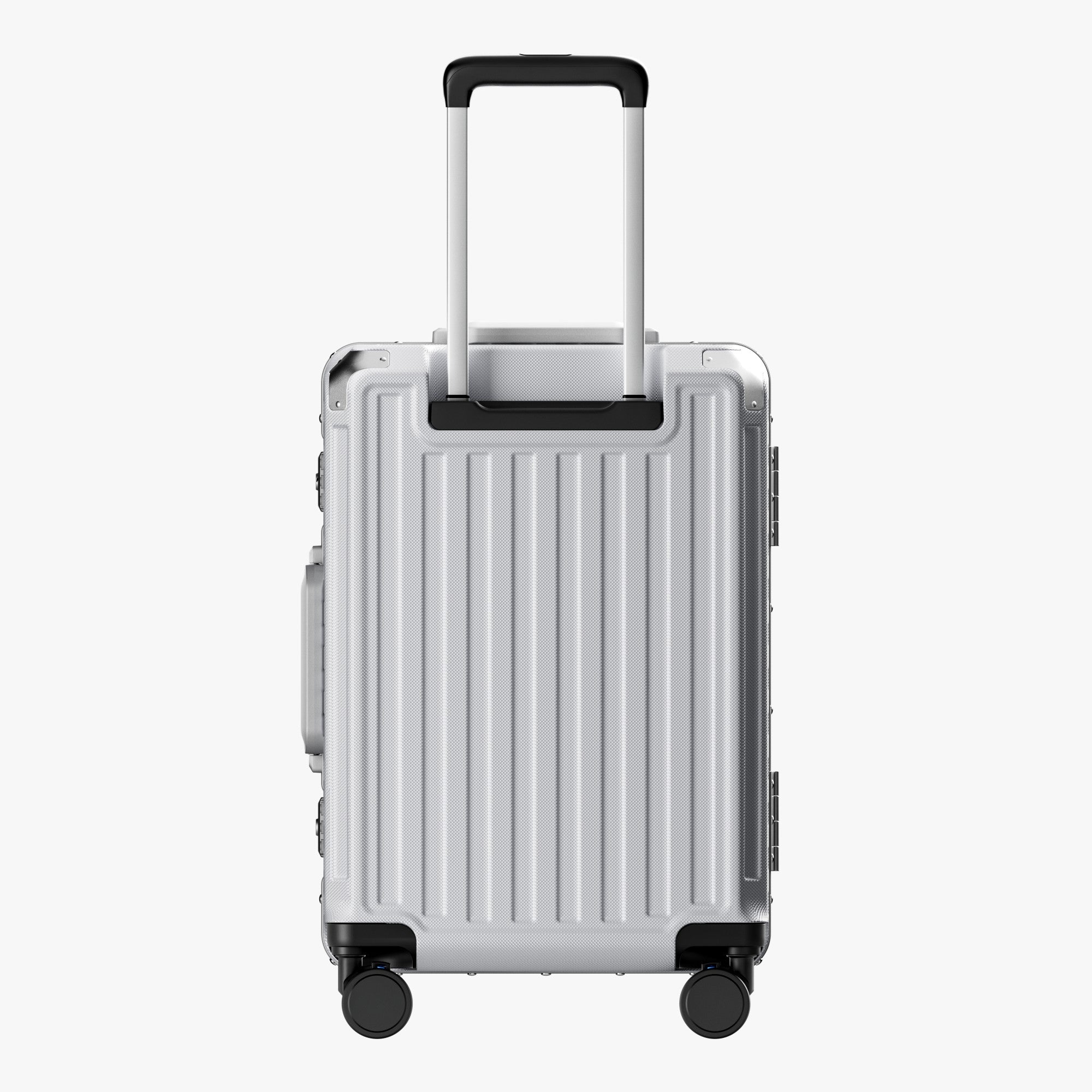 Side view of aluminum frame luggage with protective foot pads that elevate the shell and prevent scratches when the suitcase is placed on the ground. #show #color_sliver_grey