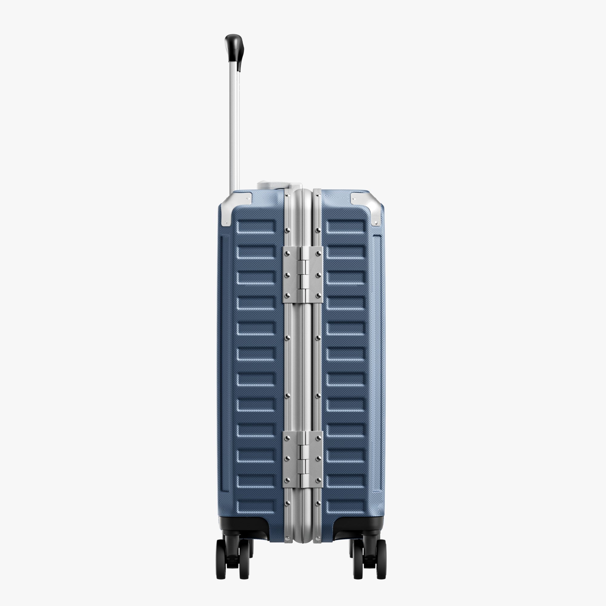 Side view of aluminum frame luggage with protective foot pads that elevate the shell and prevent scratches when the suitcase is placed on the ground. #show #color_blue