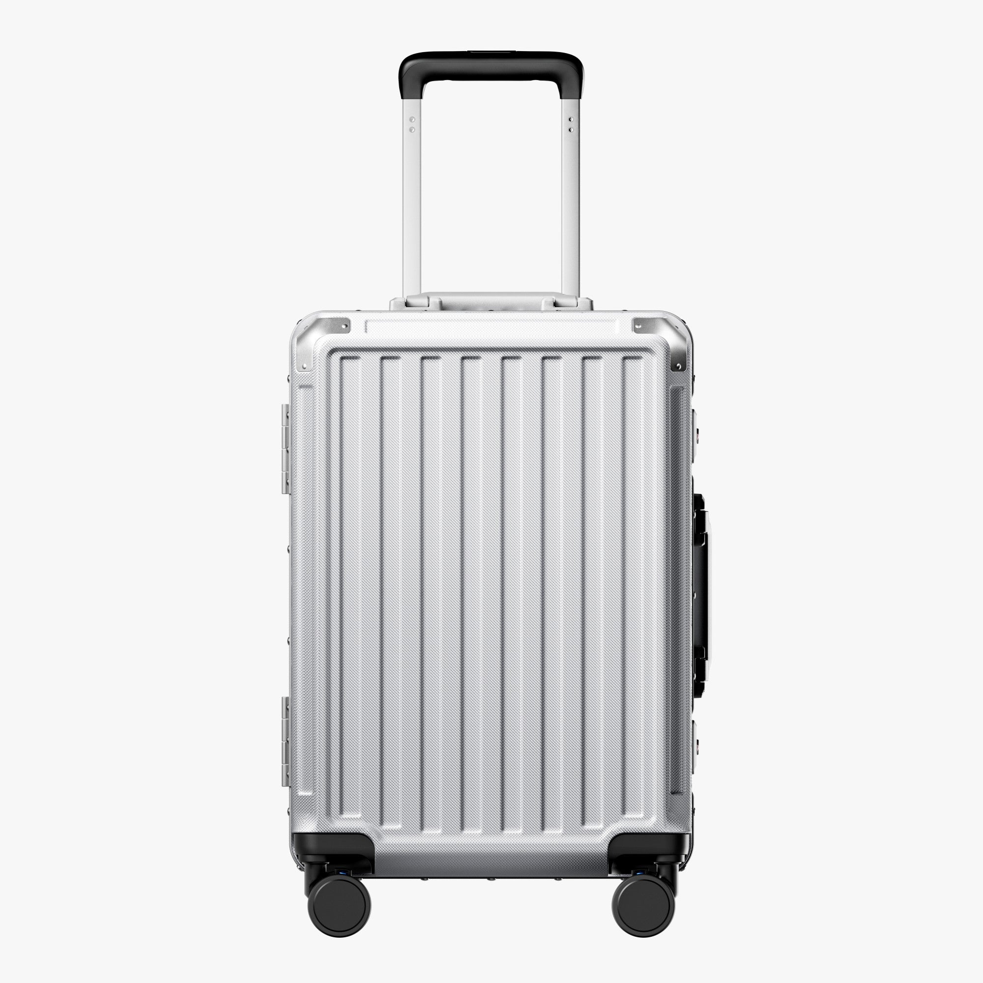 Side view of aluminum frame luggage with protective foot pads that elevate the shell and prevent scratches when the suitcase is placed on the ground. #show #color_sliver_grey