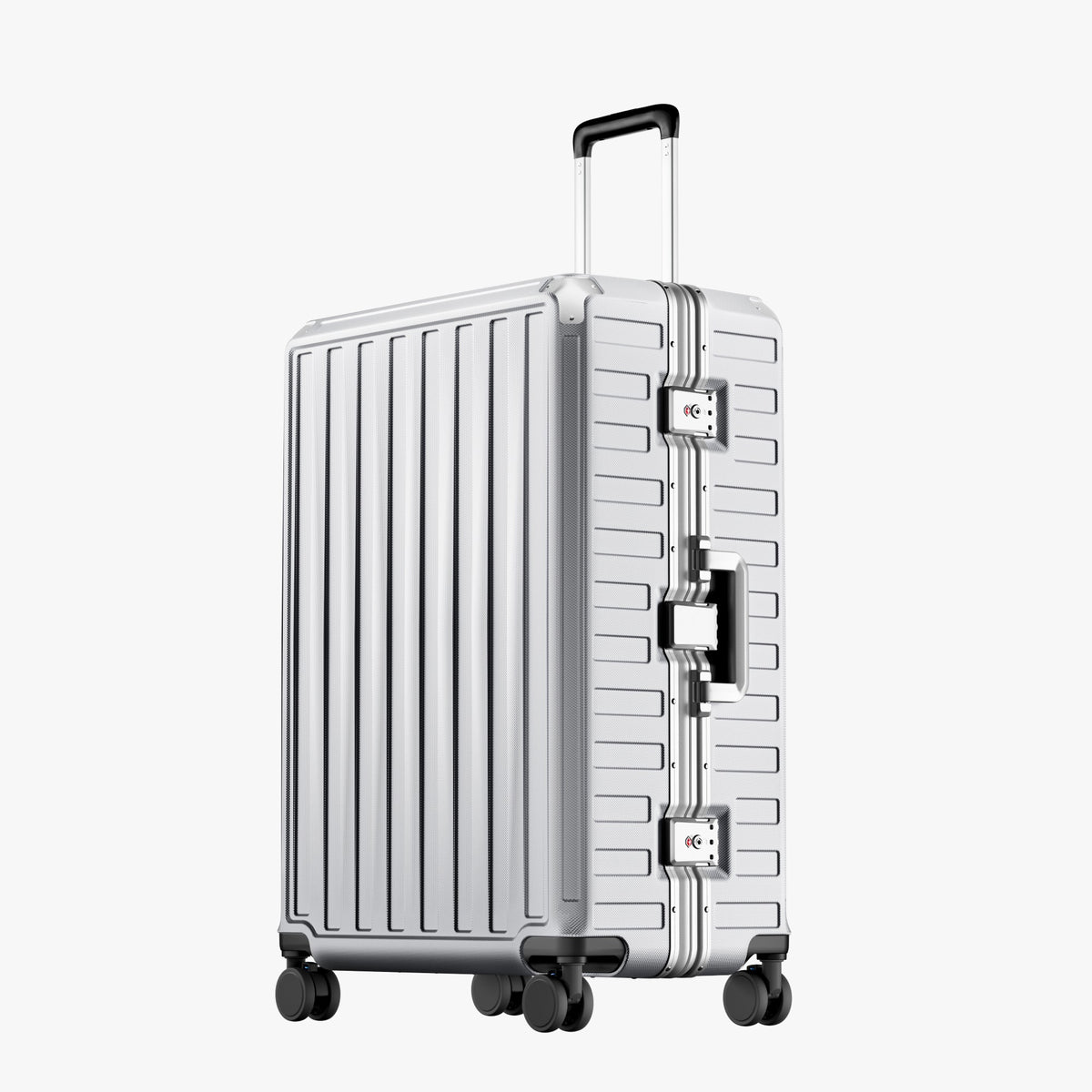 Exploded view of aluminum frame luggage showing 100% polycarbonate shell, reinforced corner protectors, TSA-approved locks, aluminum frame structure, and 360-degree shock-absorbing spinner wheels.