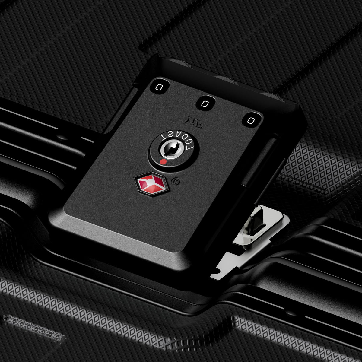Integrated TSA locks secure the aluminum frame, allowing airport inspection without damage, while the embedded design helps prevent impact damage and accidental opening. #show #Close-up of LUGGEX TSA-approved combination lock on a zipperless aluminum frame suitcase#color_black