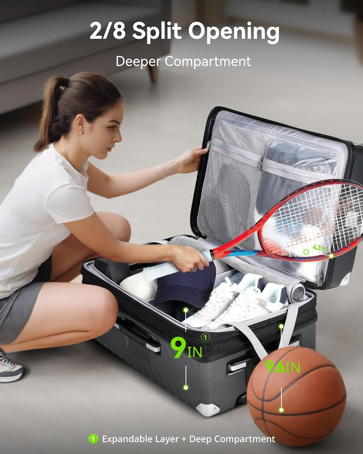 Sturdy 100% Polycarbonate Expandable Checked Luggage with Layered Compartments, ensuring durability for travel.