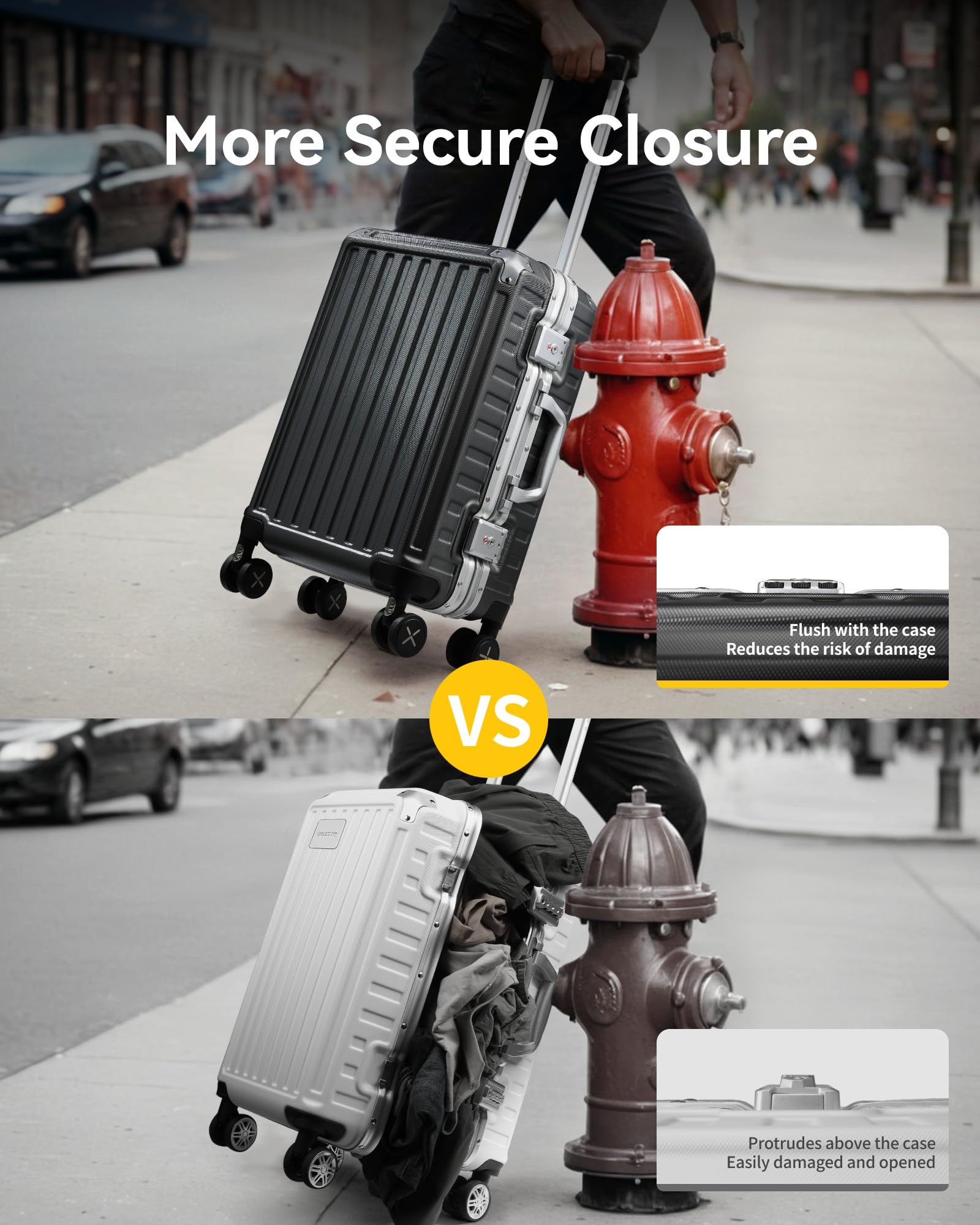 Zipperless aluminum Checked luggage with TSA-approved anti-mishandling lock, secure seamless design prevents accidental opening, durable lightweight travel gear for airport security compliance