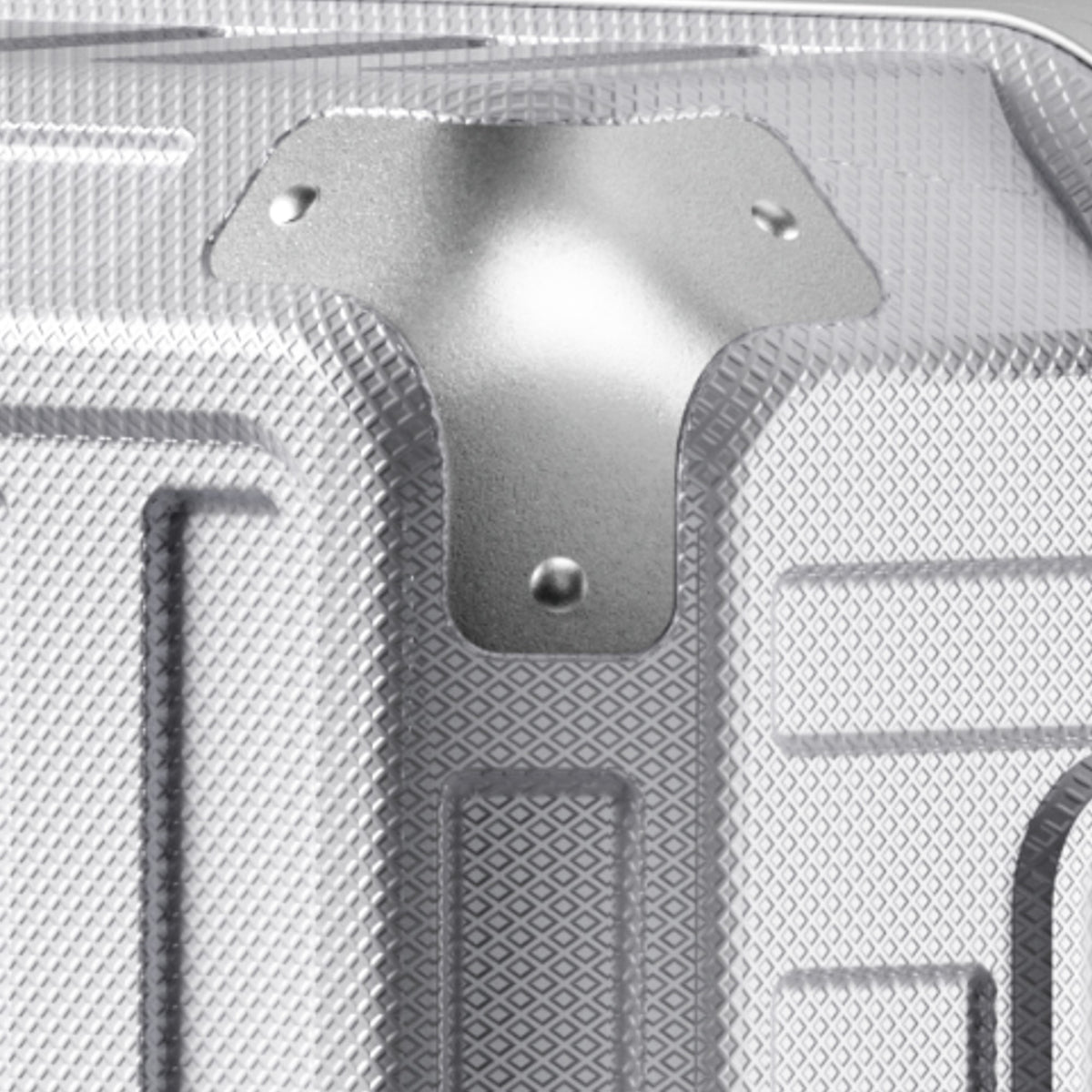 Side view of 24'' aluminum frame trunk luggage with a 4:6 trunk structure and protective foot pads that prevent scratches and wear when placed on the ground.
