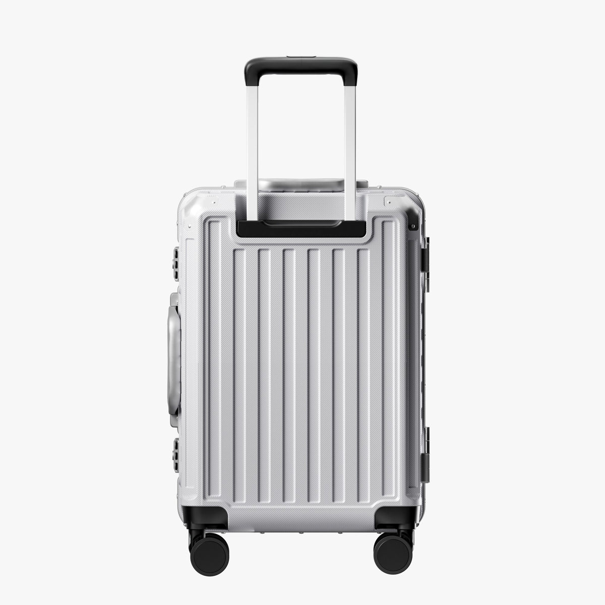 Back view of an aluminum frame carry-on suitcase with spinner wheels and a telescopic handle, designed for durable and smooth travel.