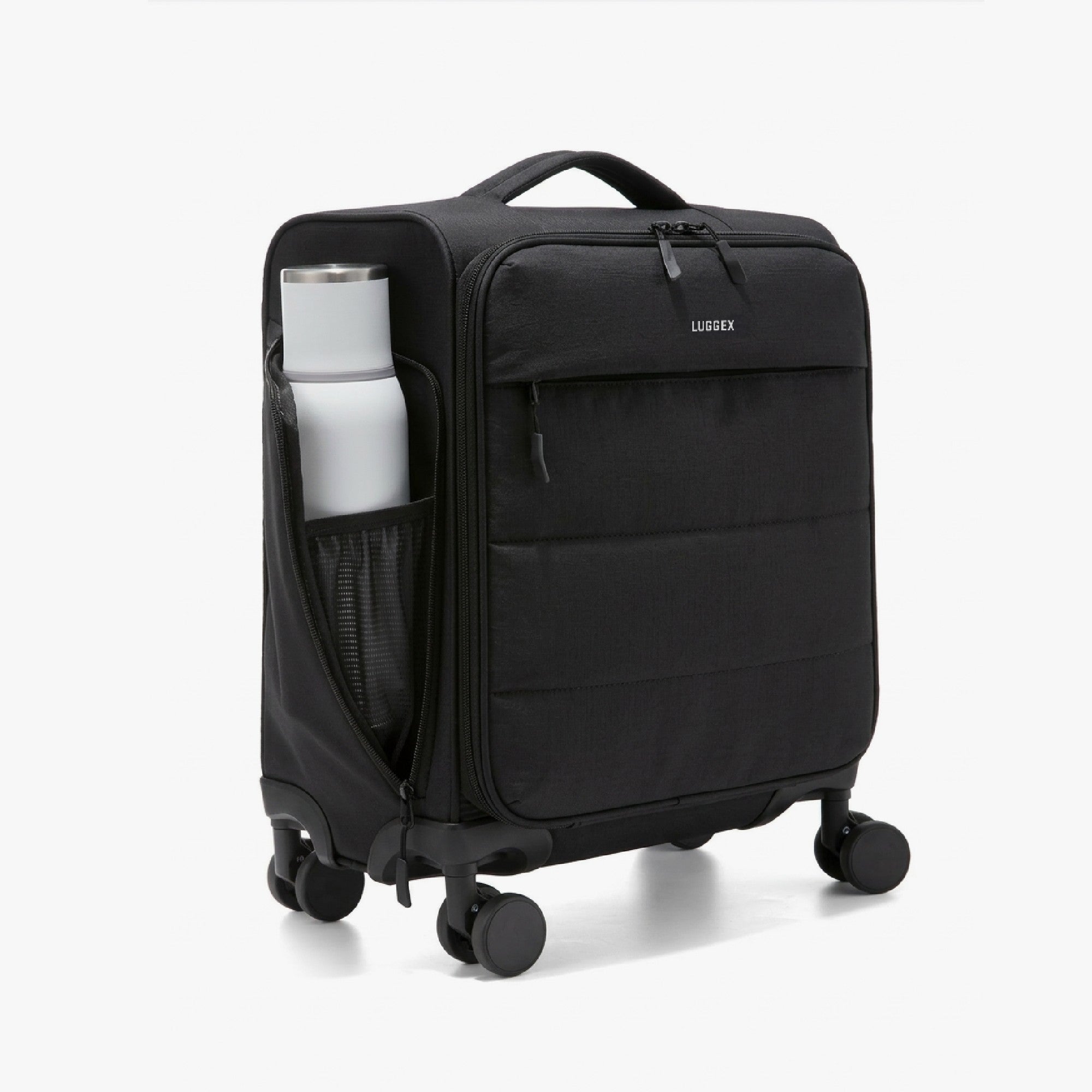 LUGGEX 16-inch lightweight underseat carry-on luggage with side mesh water bottle pocket, designed to hold bottles up to 7.5 cm in diameter for easy access during travel. #show #color_black