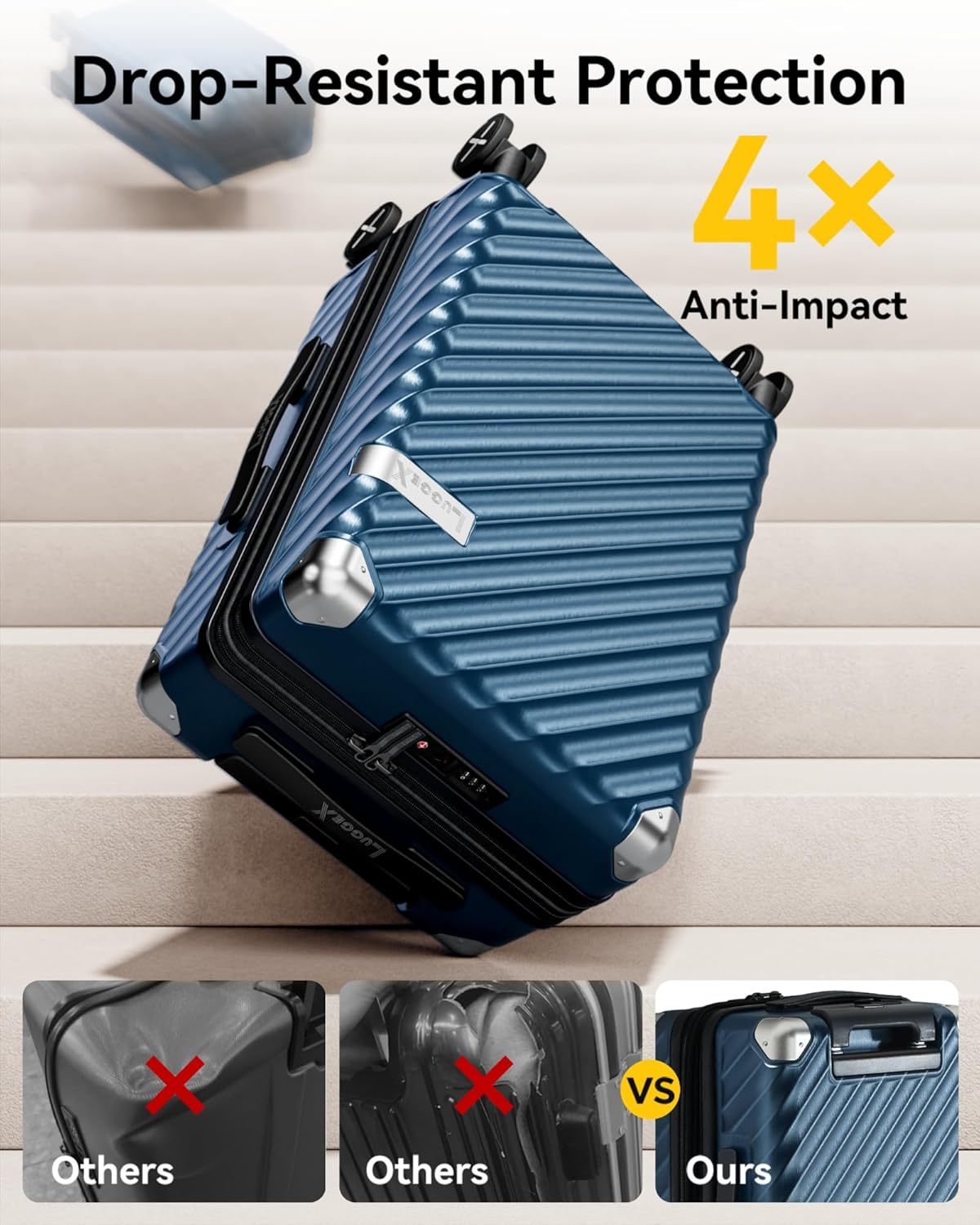 Durable 100% Polycarbonate Hard-Shell Luggage Set with Aluminum Frame | Impact-Resistant Suitcase Undergoing Staircase Drop Test for Scratch & Damage Resistance
#color_navy-blue