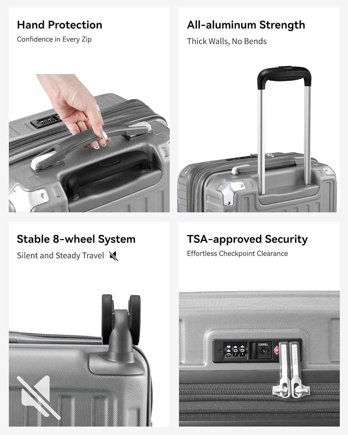 Lightweight Aluminum Carry-On Luggage for Air Travel, Durable Hardshell Design with 360° Spinner Wheels, TSA-Approved Lock & Airline-Size Compliance.