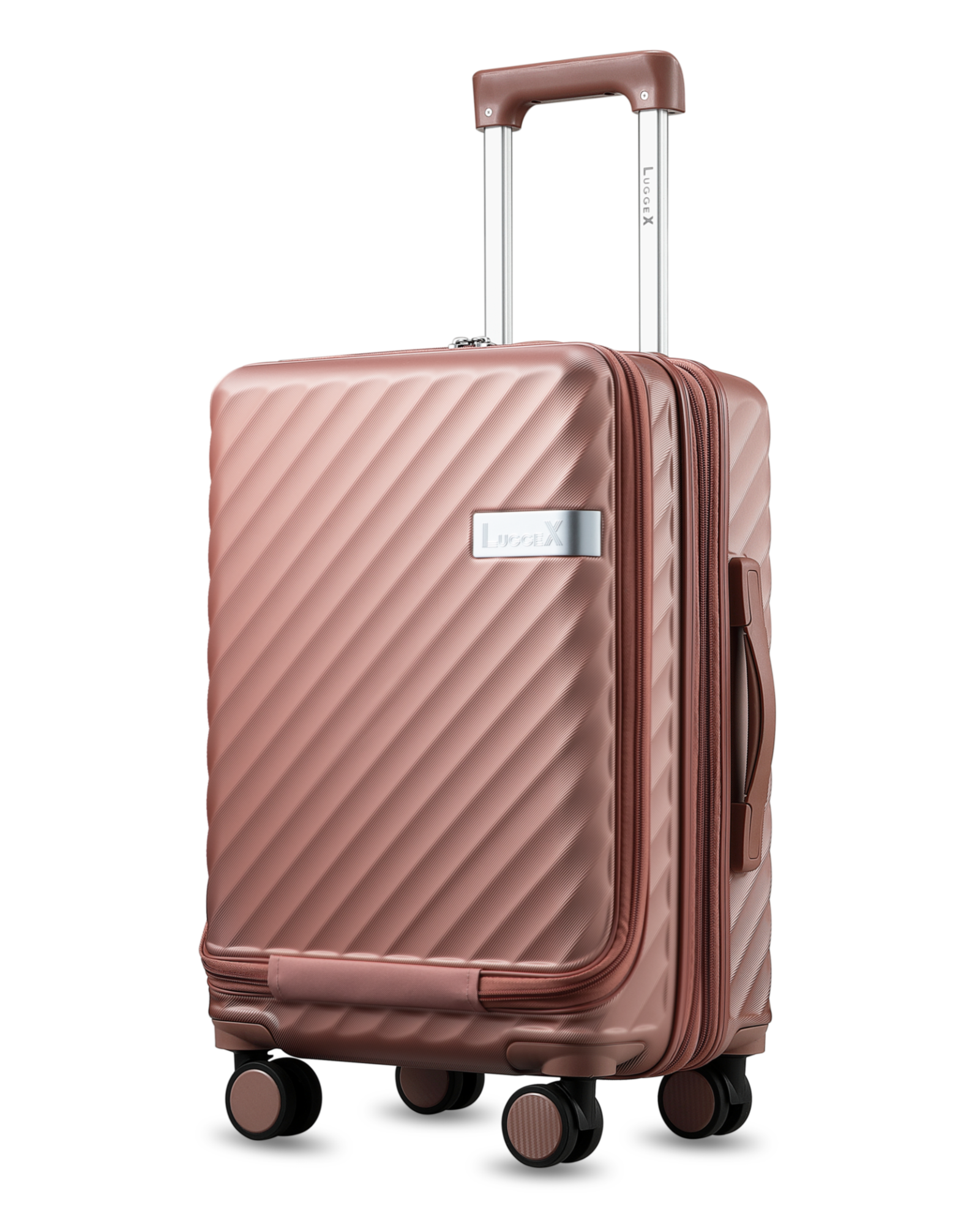 Gold Black polycarbonate carry-on luggage with expandable design, built-in laptop compartment & convenient cup holder for travel essentials.
