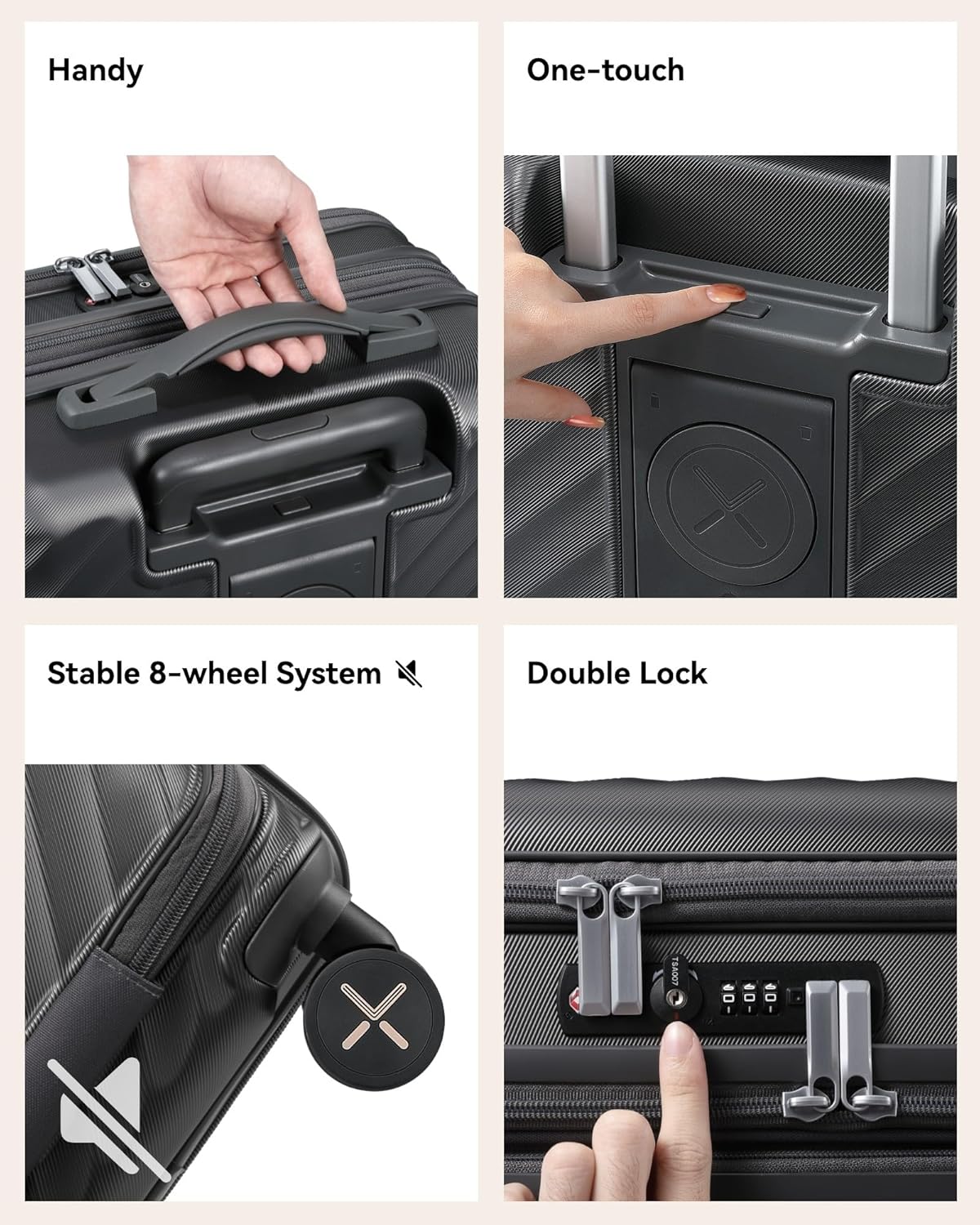 Gold Lightweight carry-on luggage with 360° spinner wheels, TSA-approved lock, and durable polycarbonate shell for airline-compliant travel.