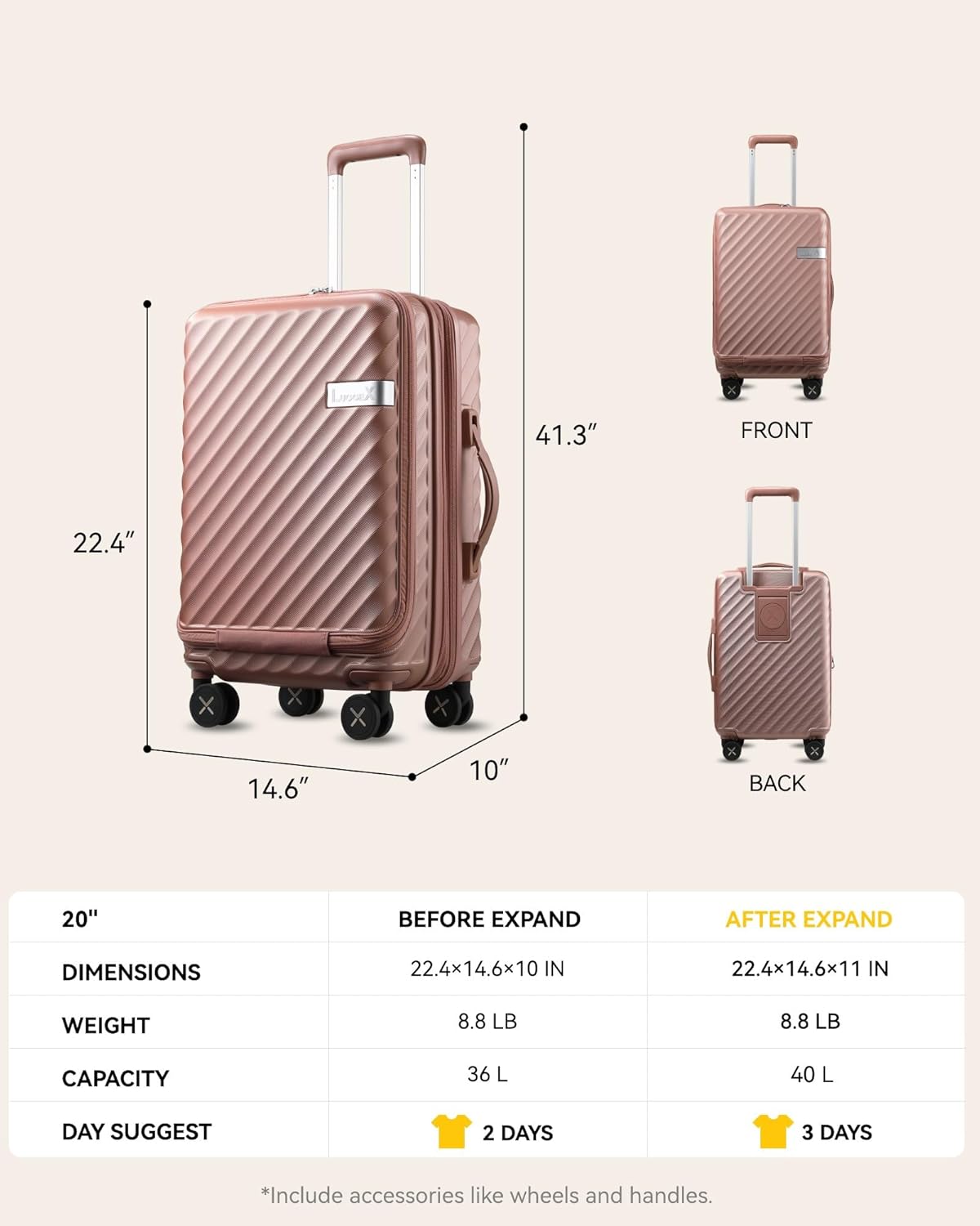 Gold Airline-Approved Carry On Luggage Size 21x14x9 Inches, TSA-Compliant Suitcase for US Travel