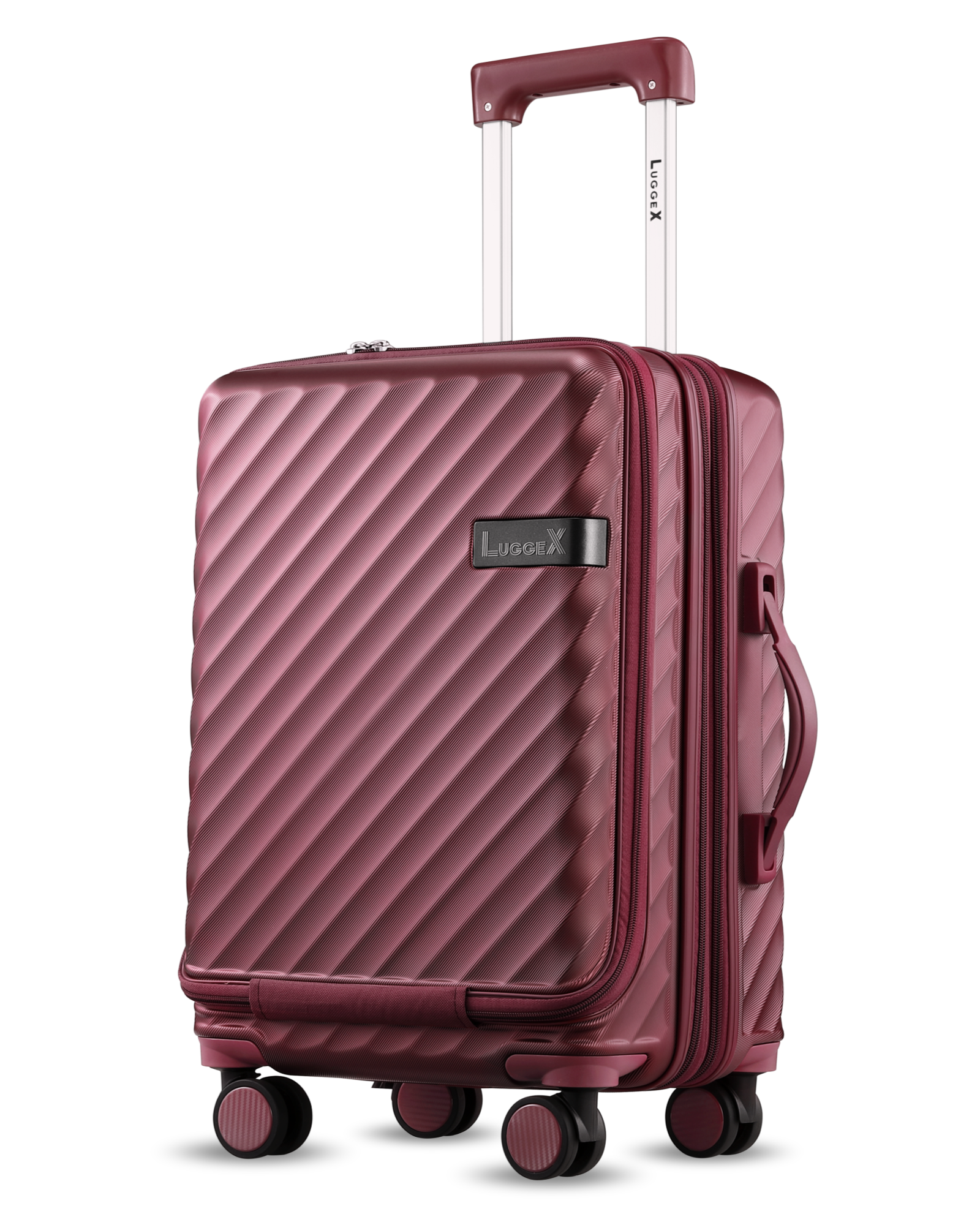 Black polycarbonate carry-on luggage with expandable design, built-in laptop compartment & convenient cup holder for travel essentials.