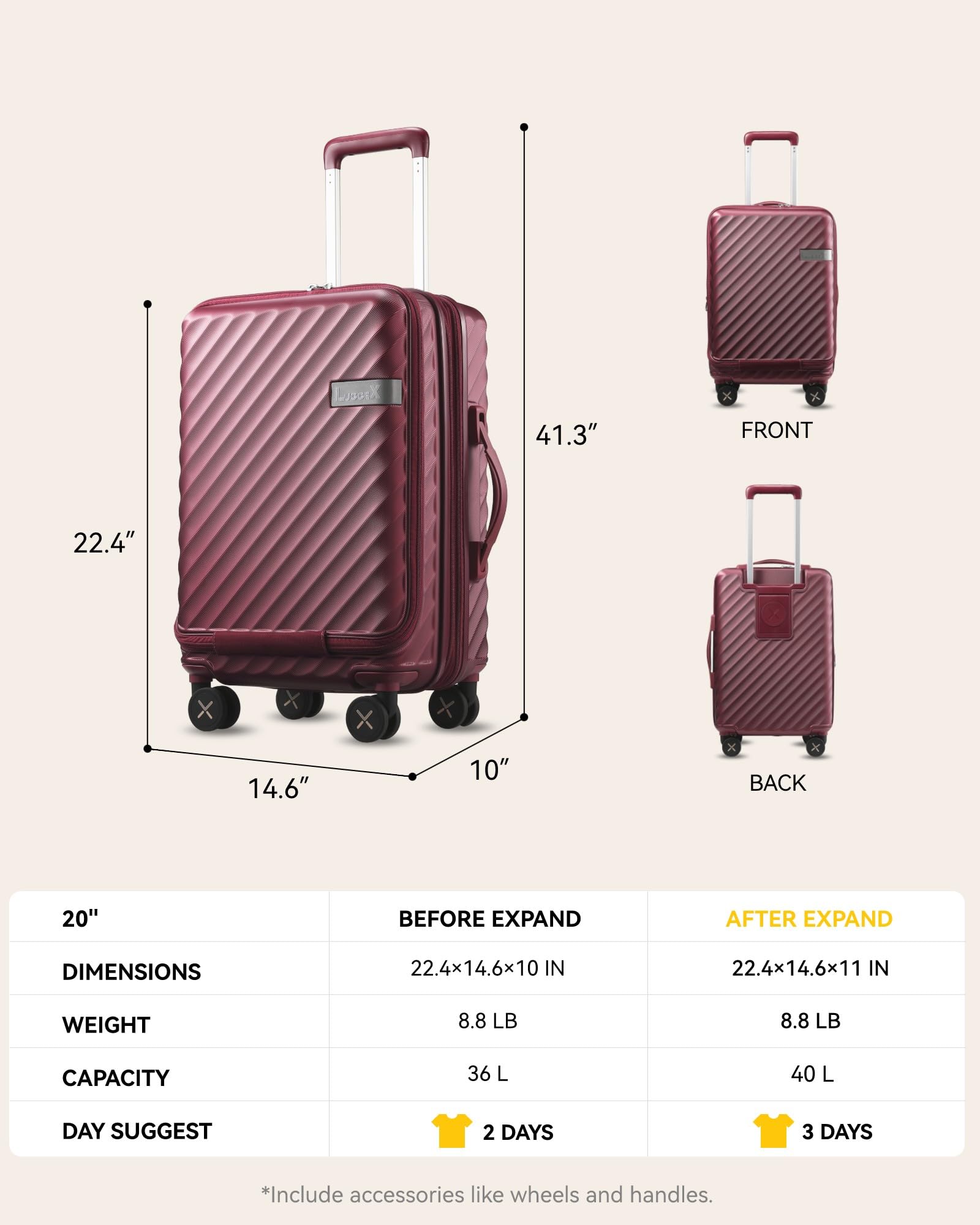 Red Airline-Approved Carry On Luggage Size 21x14x9 Inches, TSA-Compliant Suitcase for US Travel