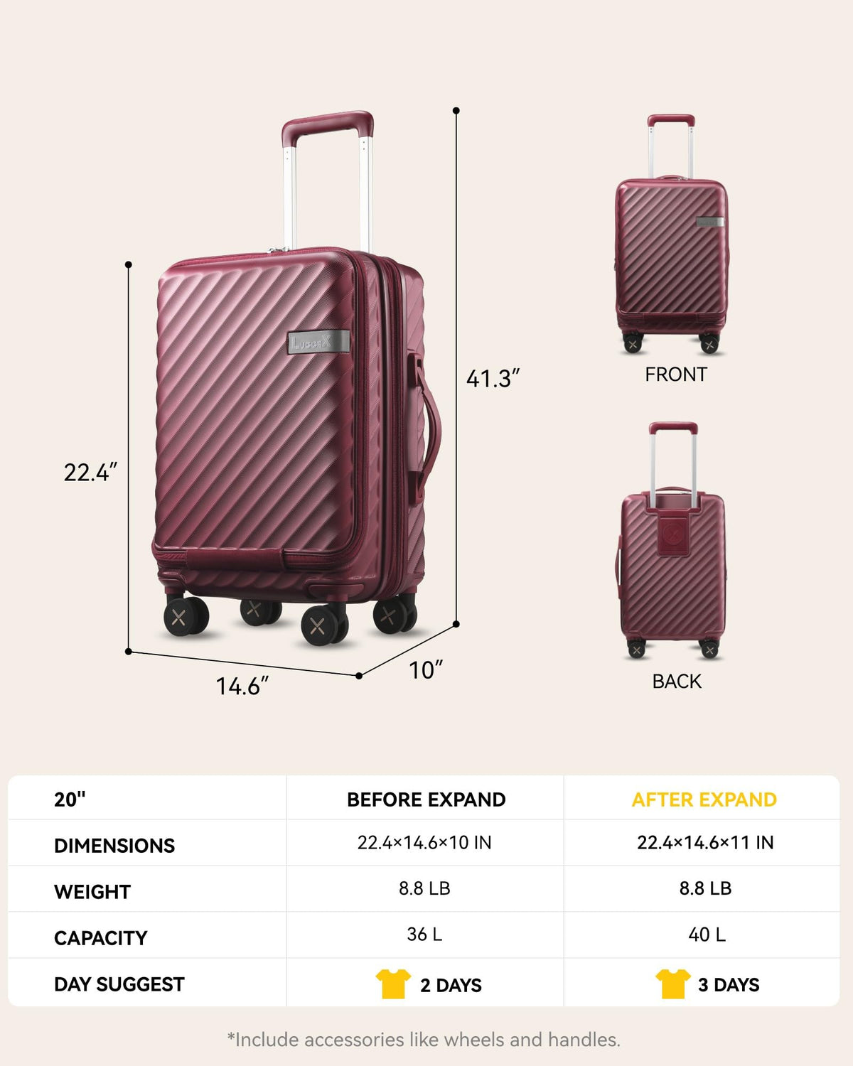 Red Airline-Approved Carry On Luggage Size 21x14x9 Inches, TSA-Compliant Suitcase for US Travel