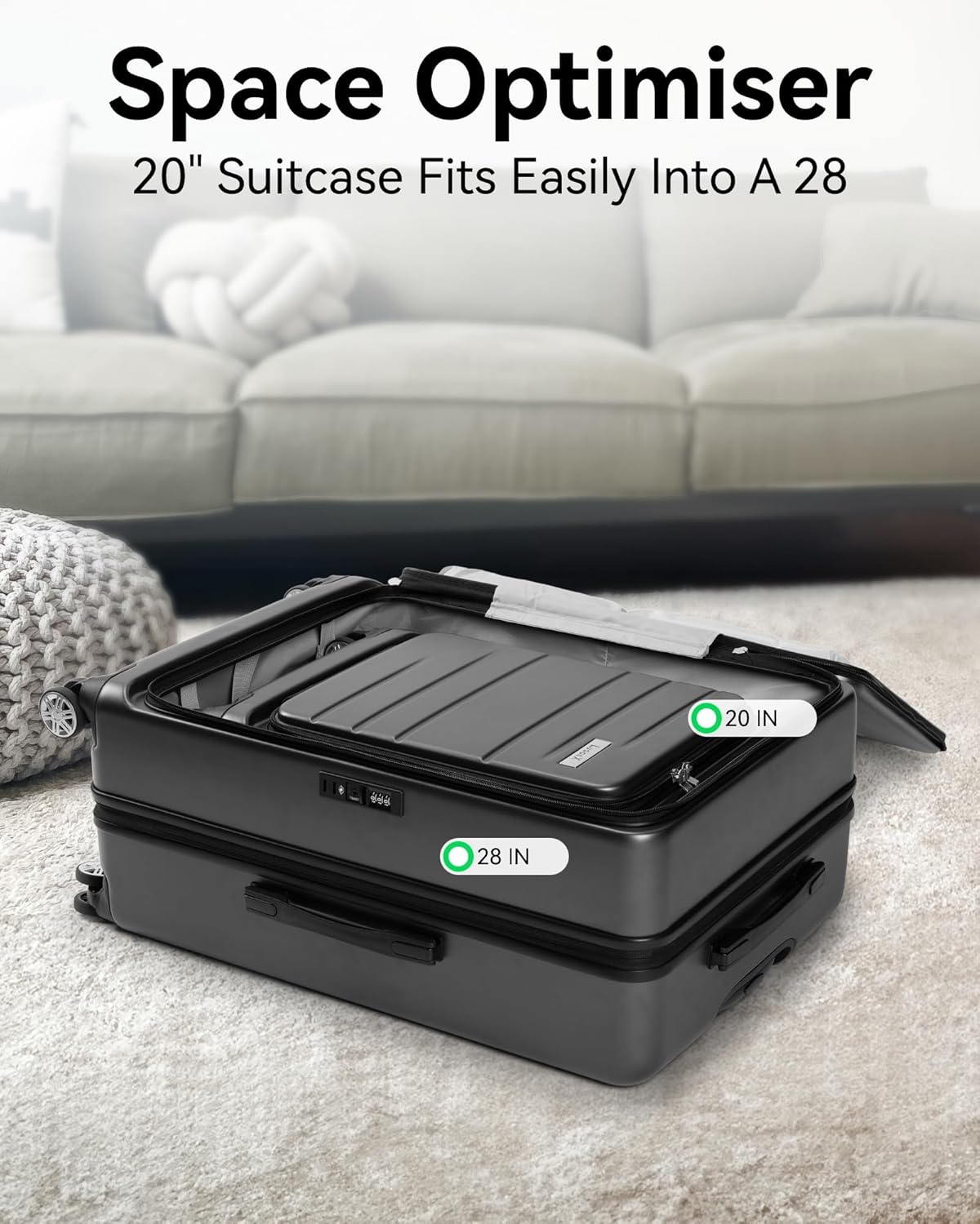 Compact 20" Luggage Set 22x14x9 with Front Pocket Organizer, FAA-Compliant Cabin Size, Space-Saving Design Fits Inside 28" Checked Bag for Efficient Travel Packing