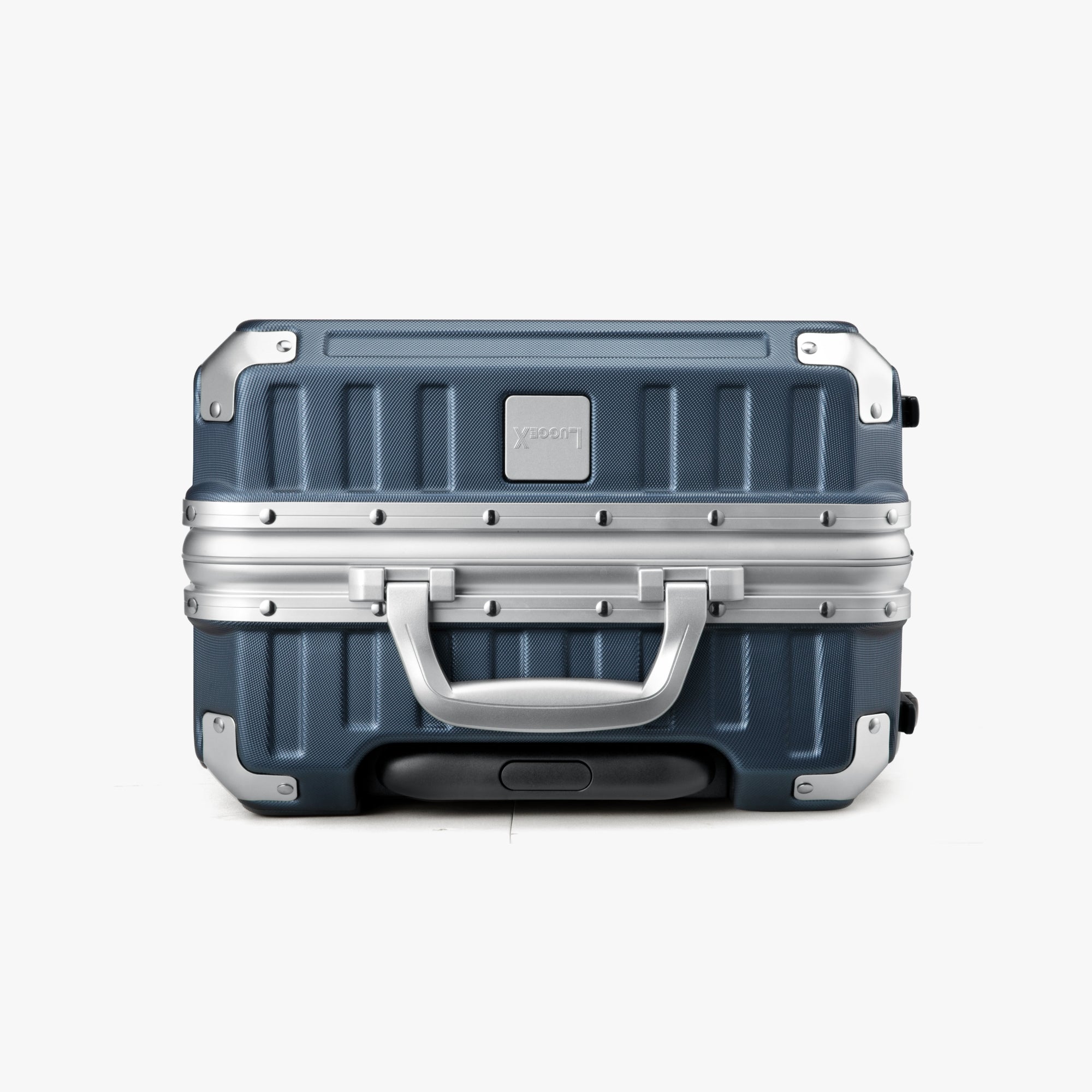 LUGGEX 20-inch aluminum frame carry-on luggage suitcase bottom view with reinforced corners and side handle #color_blue