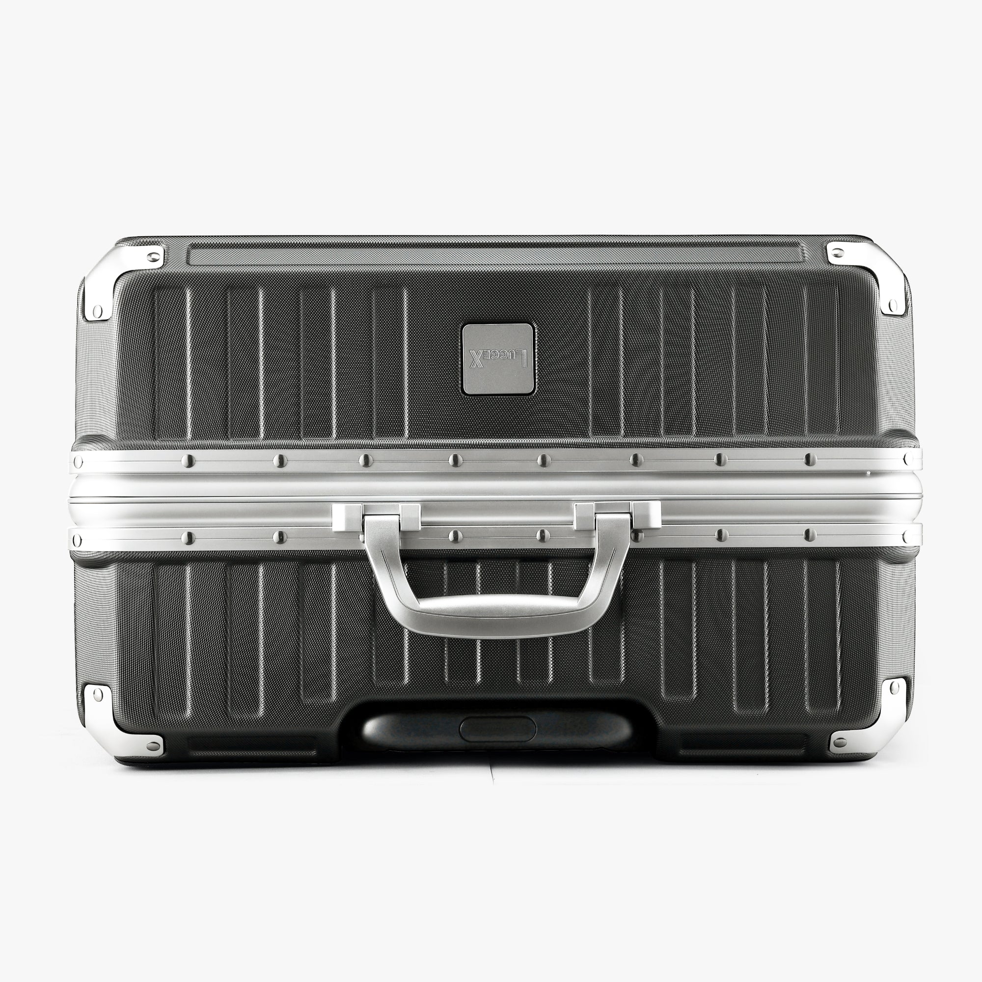 LUGGEX 24-inch aluminum frame check-in luggage suitcase bottom view with reinforced corners and side handle