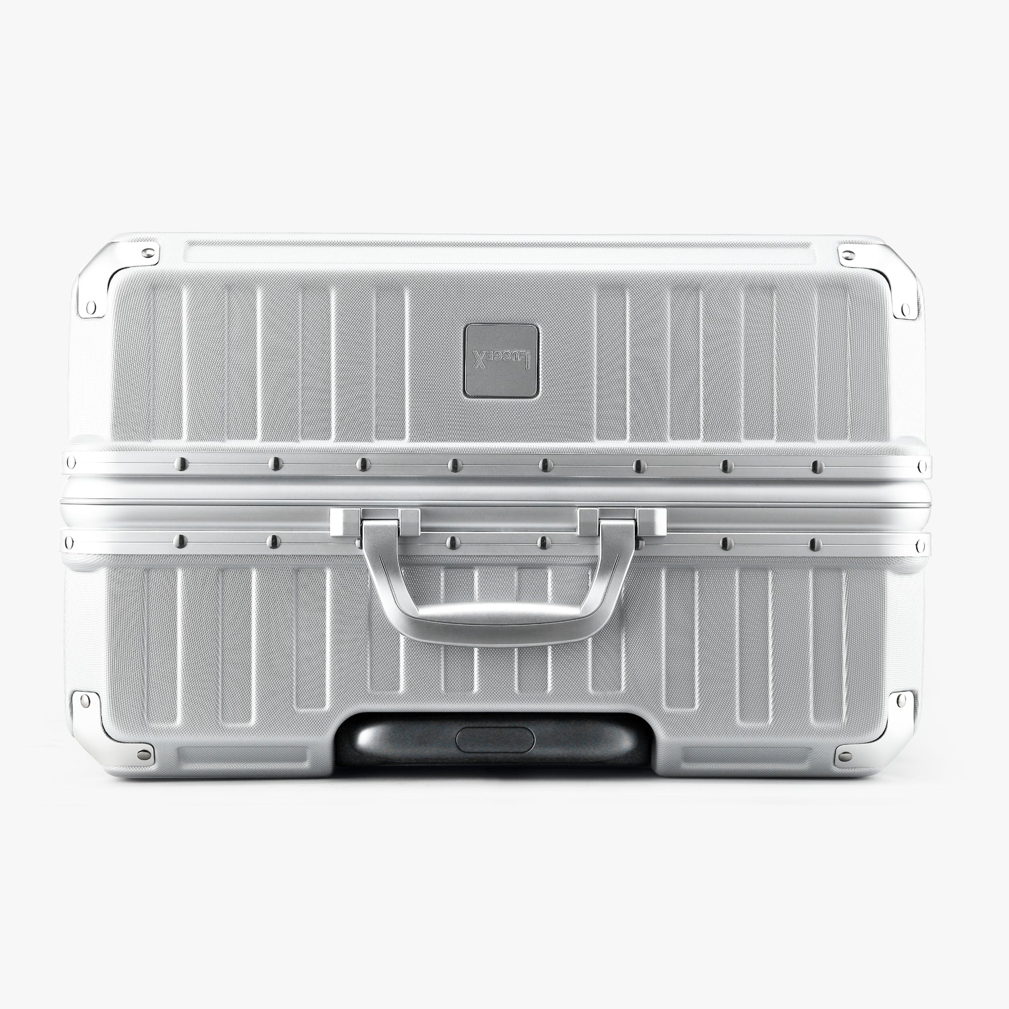 LUGGEX 28-inch aluminum frame check-in luggage suitcase bottom view with reinforced corners and side handle