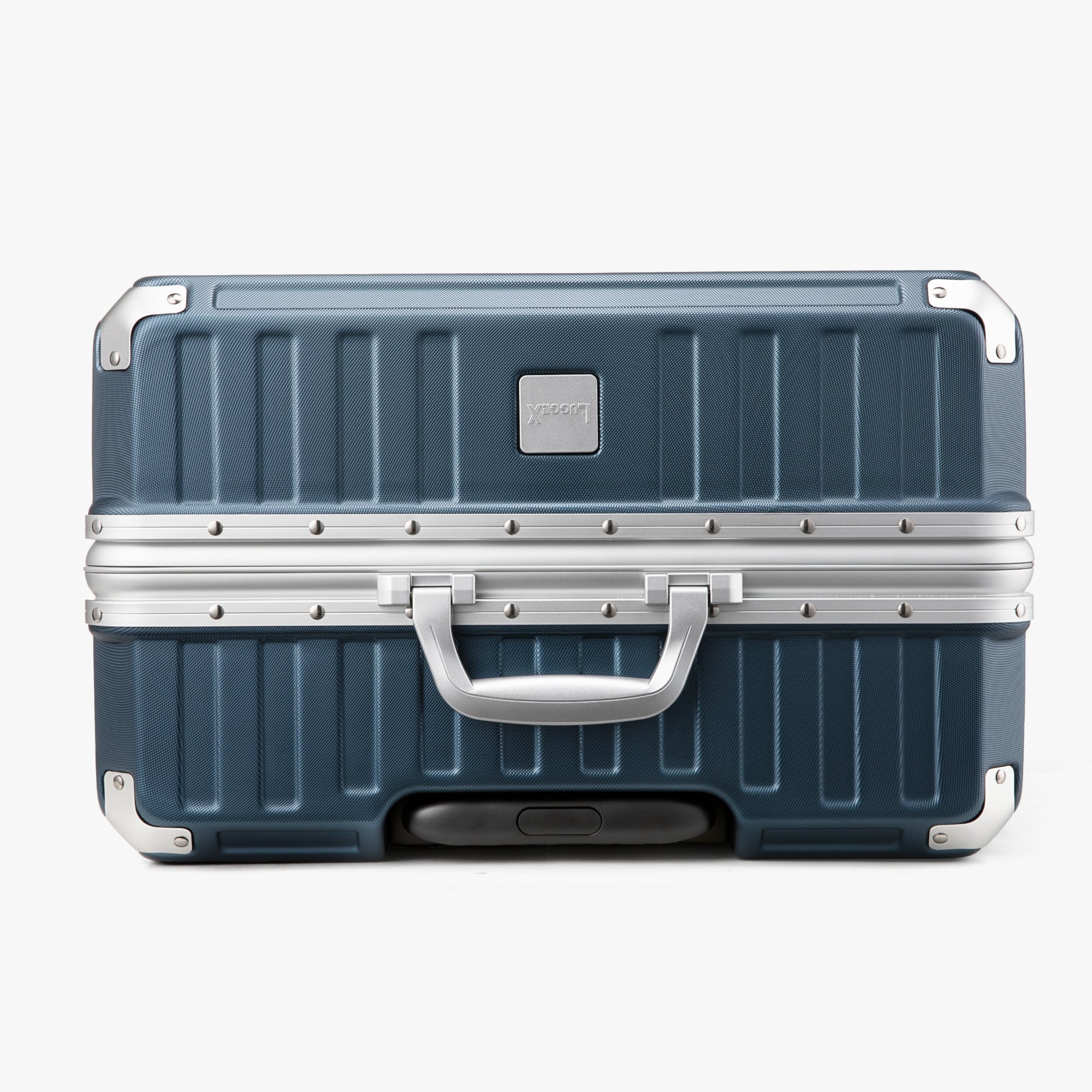 LUGGEX 28-inch aluminum frame check-in luggage suitcase bottom view with reinforced corners and side handle