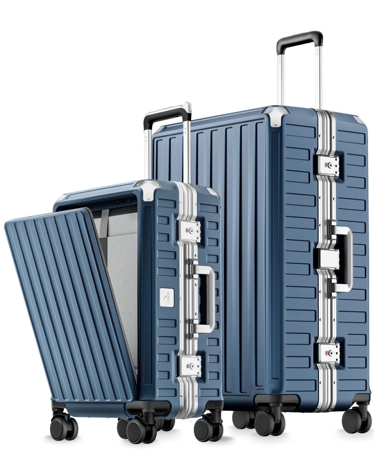 100% polycarbonate hard shell, and reinforced aluminum frame for durable protection and long-term travel use. #LUGGEX 28-inch aluminum-frame zipperless check-in suitcase with 100% polycarbonate hard shell, TSA-approved locks, and smooth spinner wheels for durable, secure travel. #color_blue #show