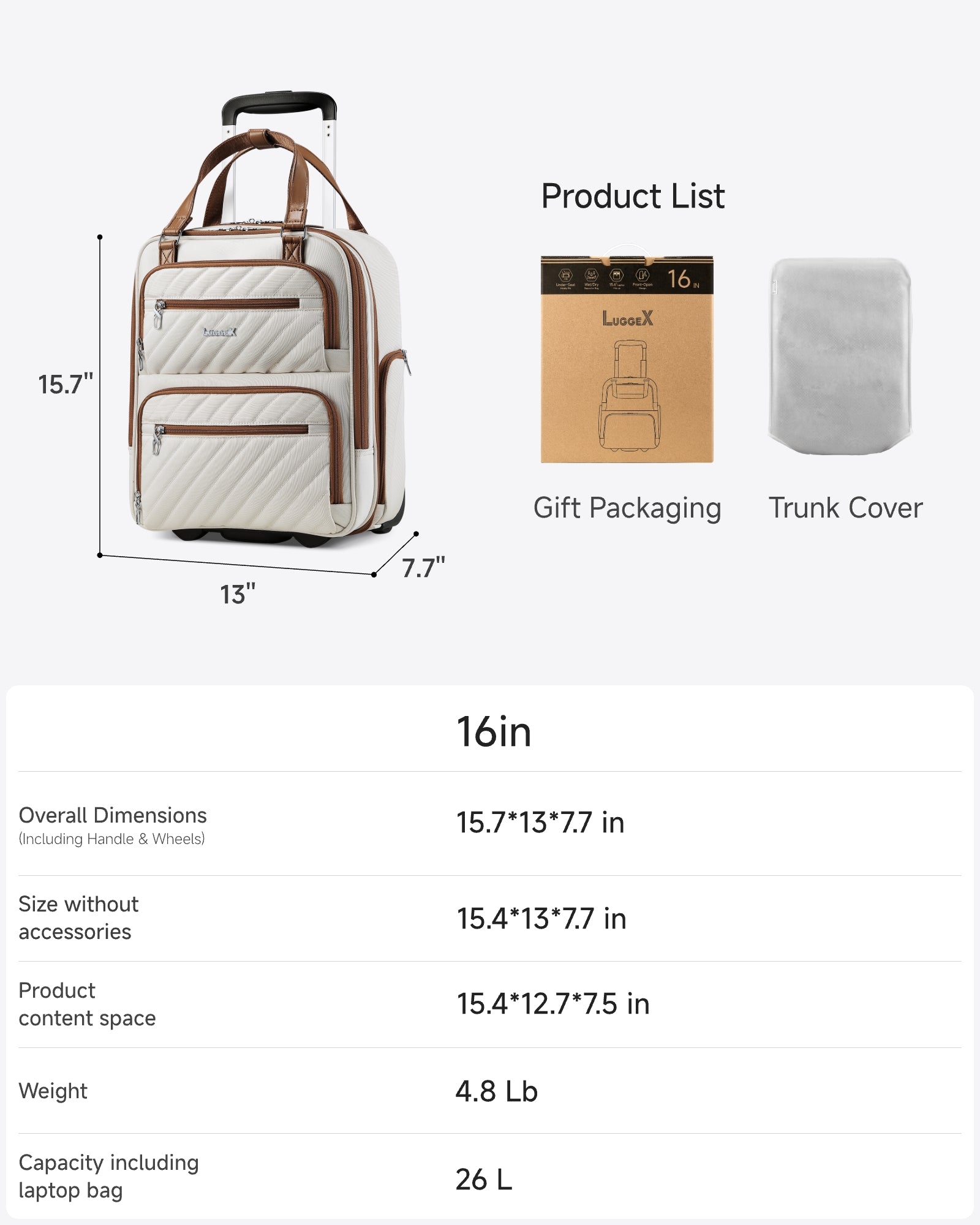 Luggex Underseat Carry On | Lightweight & Perfect for Short Trips (16 Inch) 16-Inch Cream White