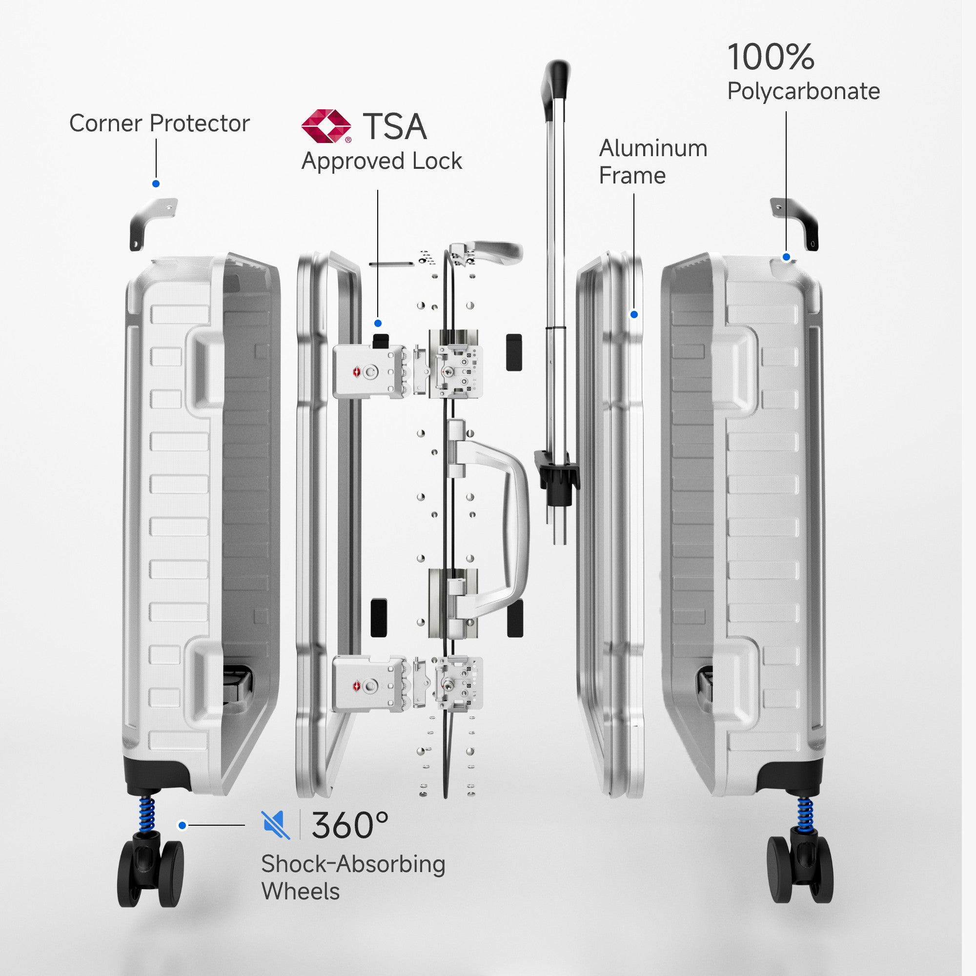 Exploded view of aluminum frame luggage showing 100% polycarbonate shell, reinforced corner protectors, TSA-approved locks, aluminum frame structure, and 360-degree shock-absorbing spinner wheels. #color_sliver_grey