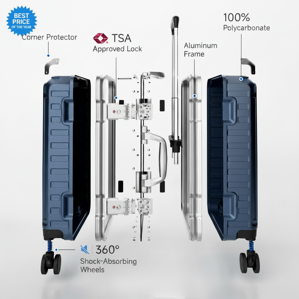 Exploded view of aluminum frame luggage showing 100% polycarbonate shell, reinforced corner protectors, TSA-approved locks, aluminum frame structure, and 360-degree shock-absorbing spinner wheels. #color_blue