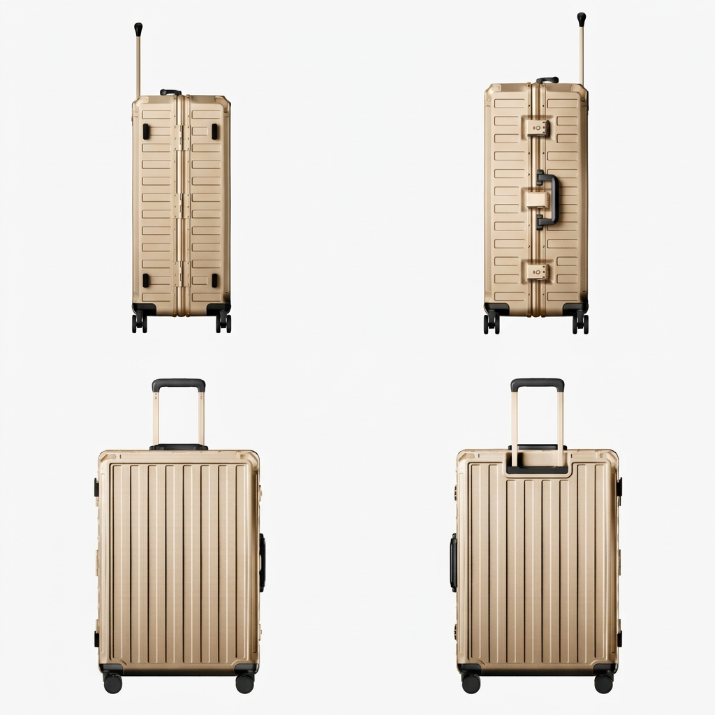 LUGGEX carry-on luggage in silver with silver aluminum frame — front, back, and side views showing zipperless hard shell, TSA lock, and spinner wheels.