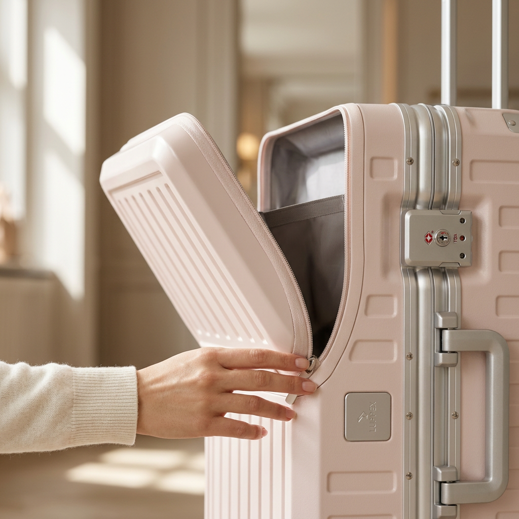 LUGGEX SF81-M1 21-inch Blush Pink carry-on, hand opening the front pocket #color_pink