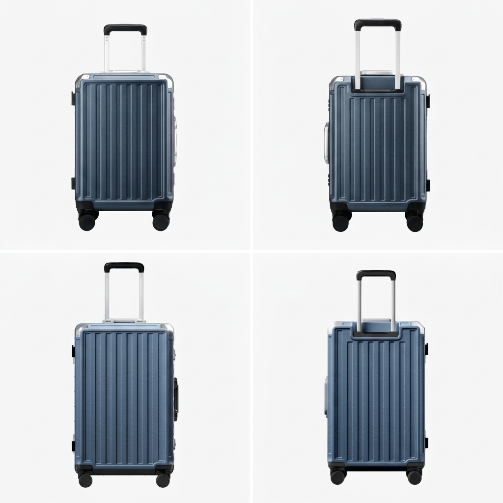 Front view of a carry-on suitcase with a 100% polycarbonate shell, designed for lightweight durability and impact resistance.