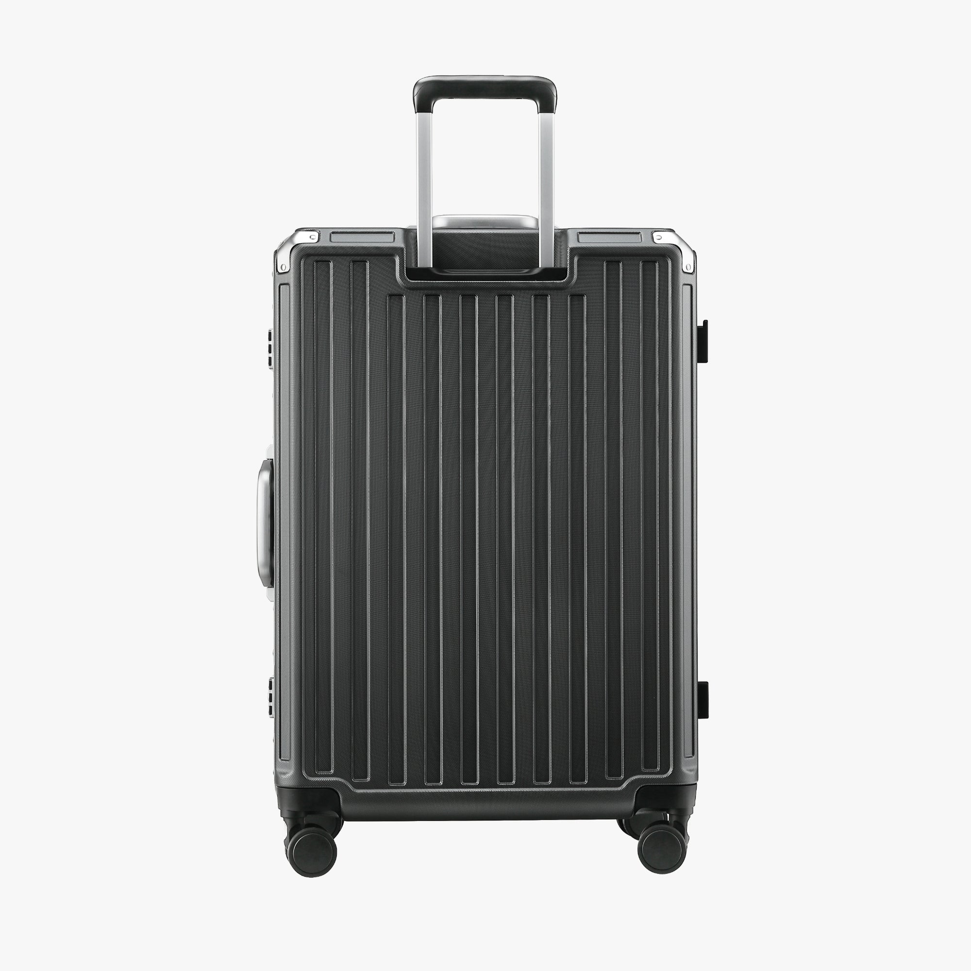 LUGGEX aluminum frame luggage suitcase set, 20-inch carry-on and 28-inch checked luggage back view with telescopic handle and spinner wheels