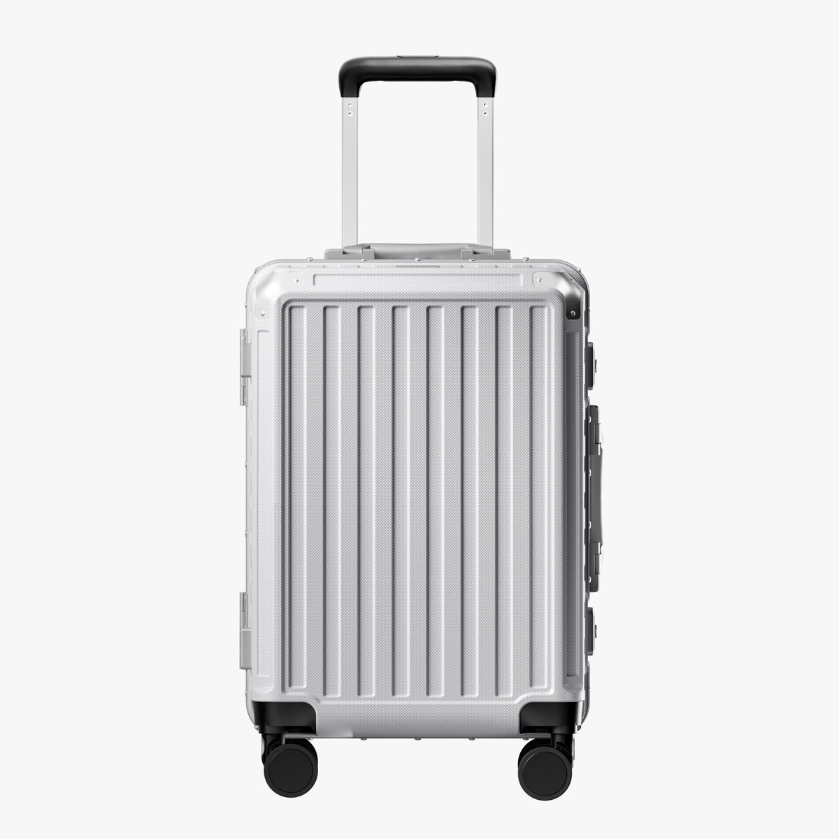 Front view of a carry-on suitcase with a 100% polycarbonate shell, designed for lightweight durability and impact resistance.