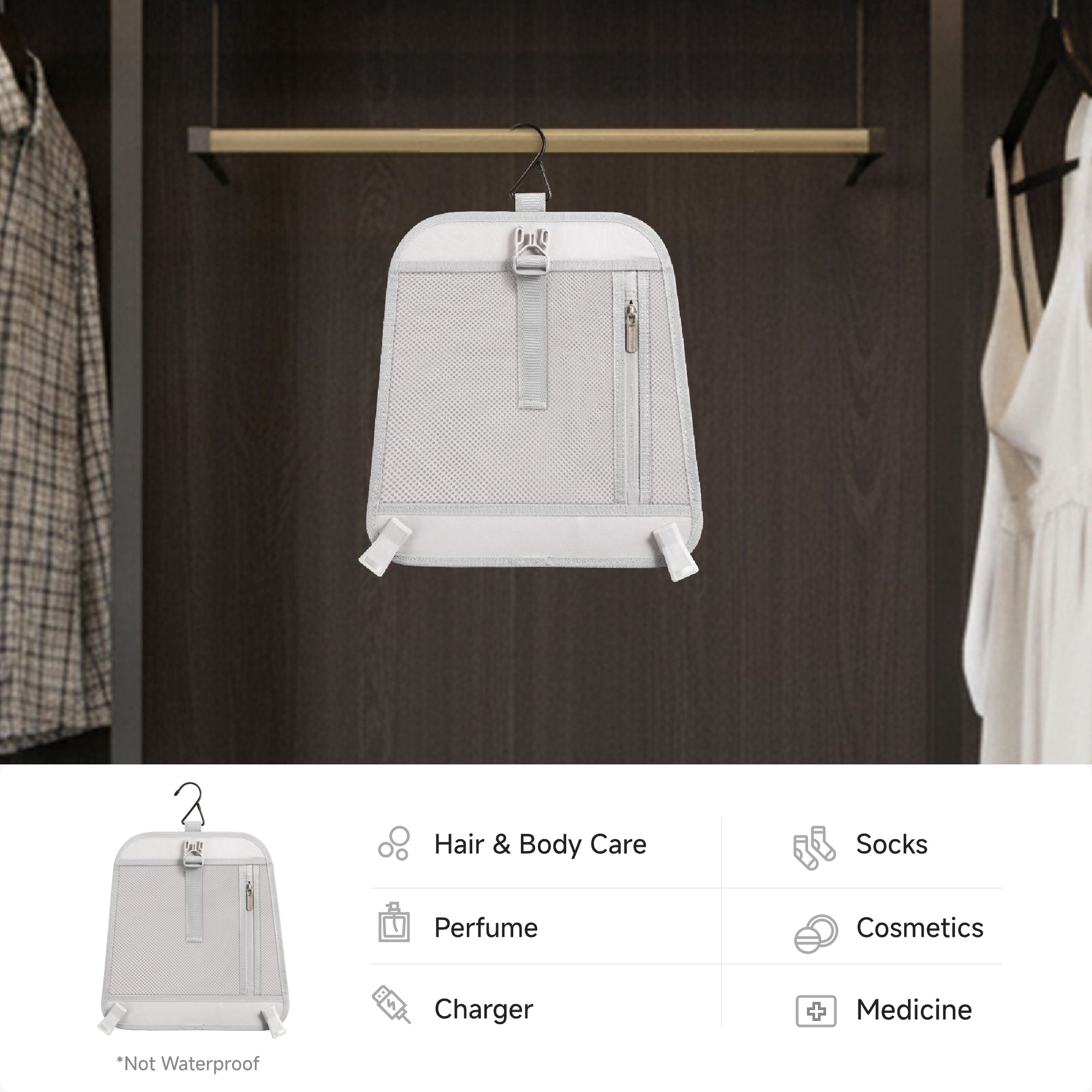 Removable hanging organizer from the LUGGEX 20-inch sliver grey aluminum-frame zipperless suitcase, designed for hair and body care, cosmetics, socks, perfume, chargers, and medicine storage.