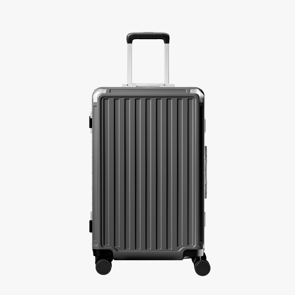 Front view of a check-in suitcase with a 100% polycarbonate shell, designed for lightweight durability and impact resistance.
