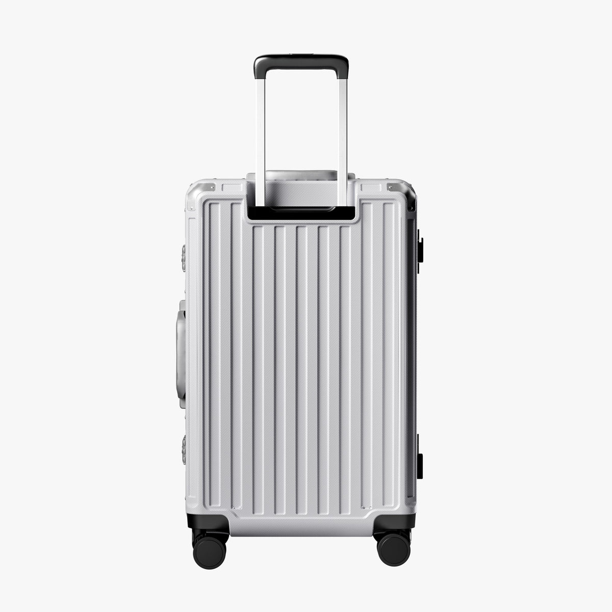 Back view of an aluminum frame check-in suitcase with spinner wheels and a telescopic handle, designed for durable and smooth travel.