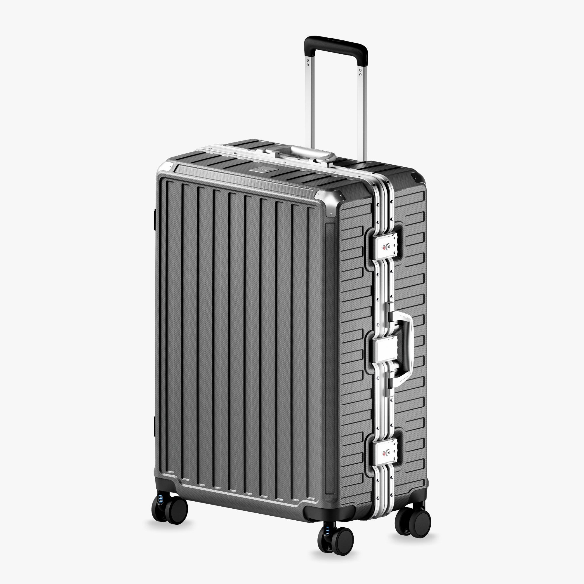 100% polycarbonate hard shell, and reinforced aluminum frame for durable protection and long-term travel use. #LUGGEX 28-inch aluminum-frame zipperless check-in suitcase with 100% polycarbonate hard shell, TSA-approved locks, and smooth spinner wheels for durable, secure travel. #color_charcoal #show