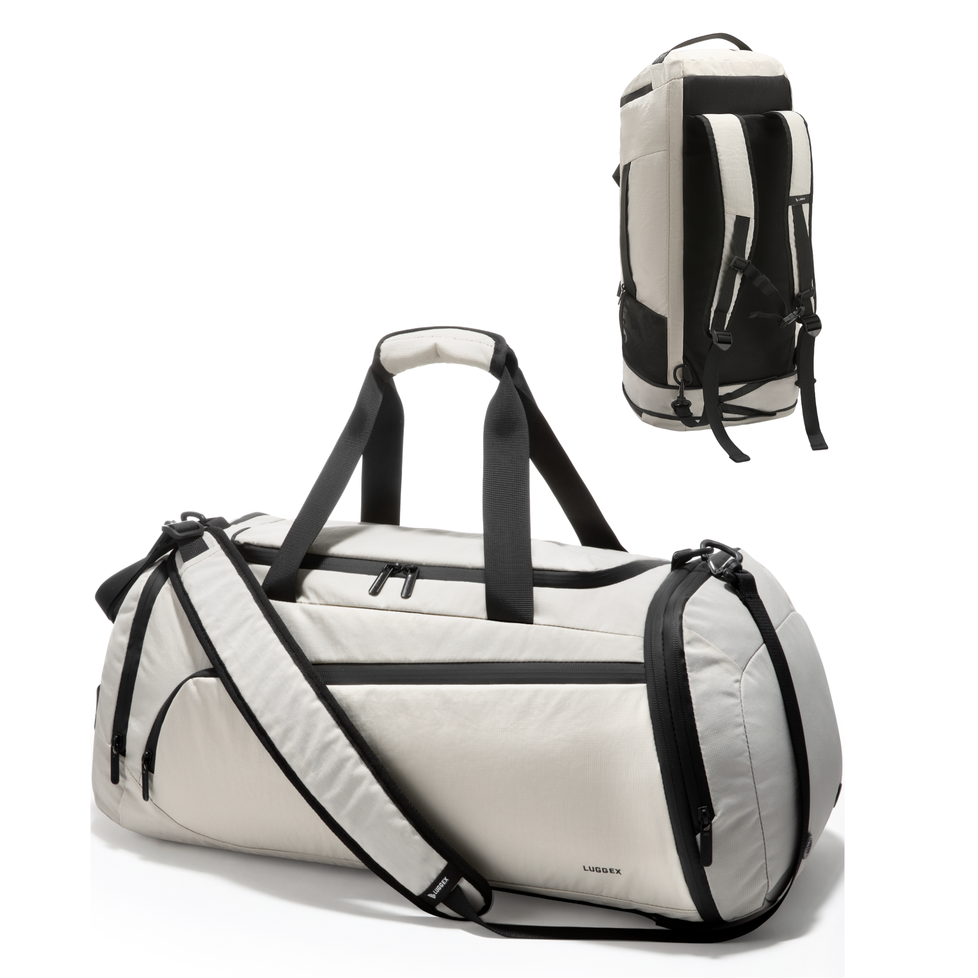 Designed for gym days and short trips, this 40L expandable duffel features a separate shoe compartment and stowaway backpack straps, allowing you to switch easily between duffel and backpack carry for smooth, versatile movement. #show #color_beige