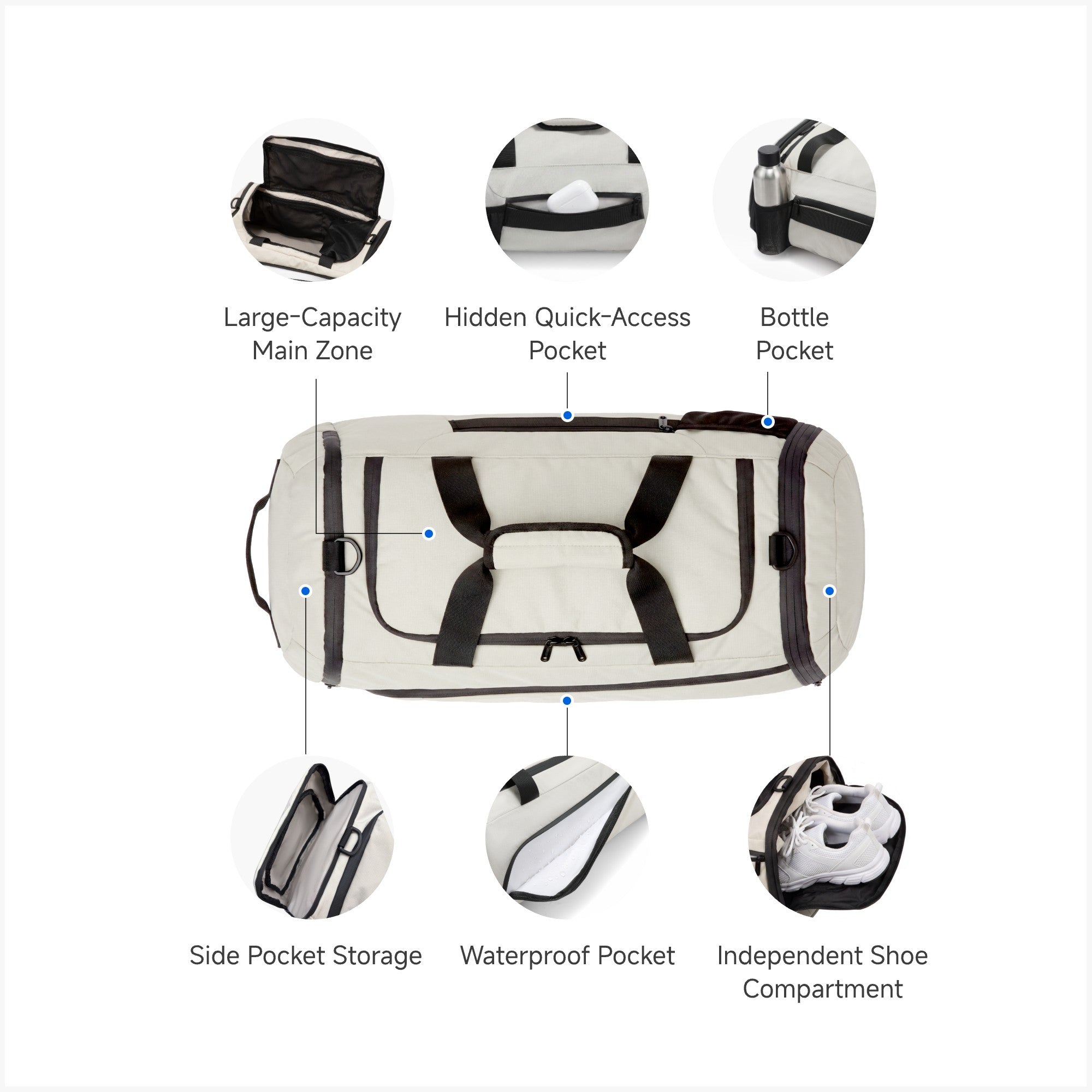 Organized for movement. This 40L expandable duffel features a large-capacity main compartment, hidden quick-access pocket, bottle holder, waterproof wet-dry pocket and independent shoe compartment.
#color_beign