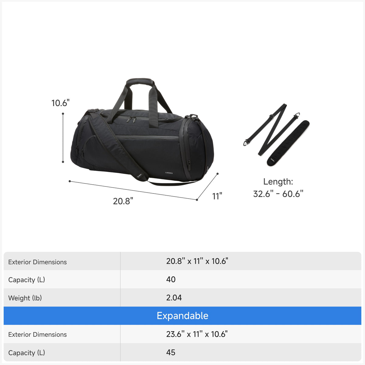 LUGGEX 40L expandable sport duffel bag dimensions 20.8 x 11 x 10.6 inches with expandable capacity to 45L and adjustable shoulder strap length. #color_black