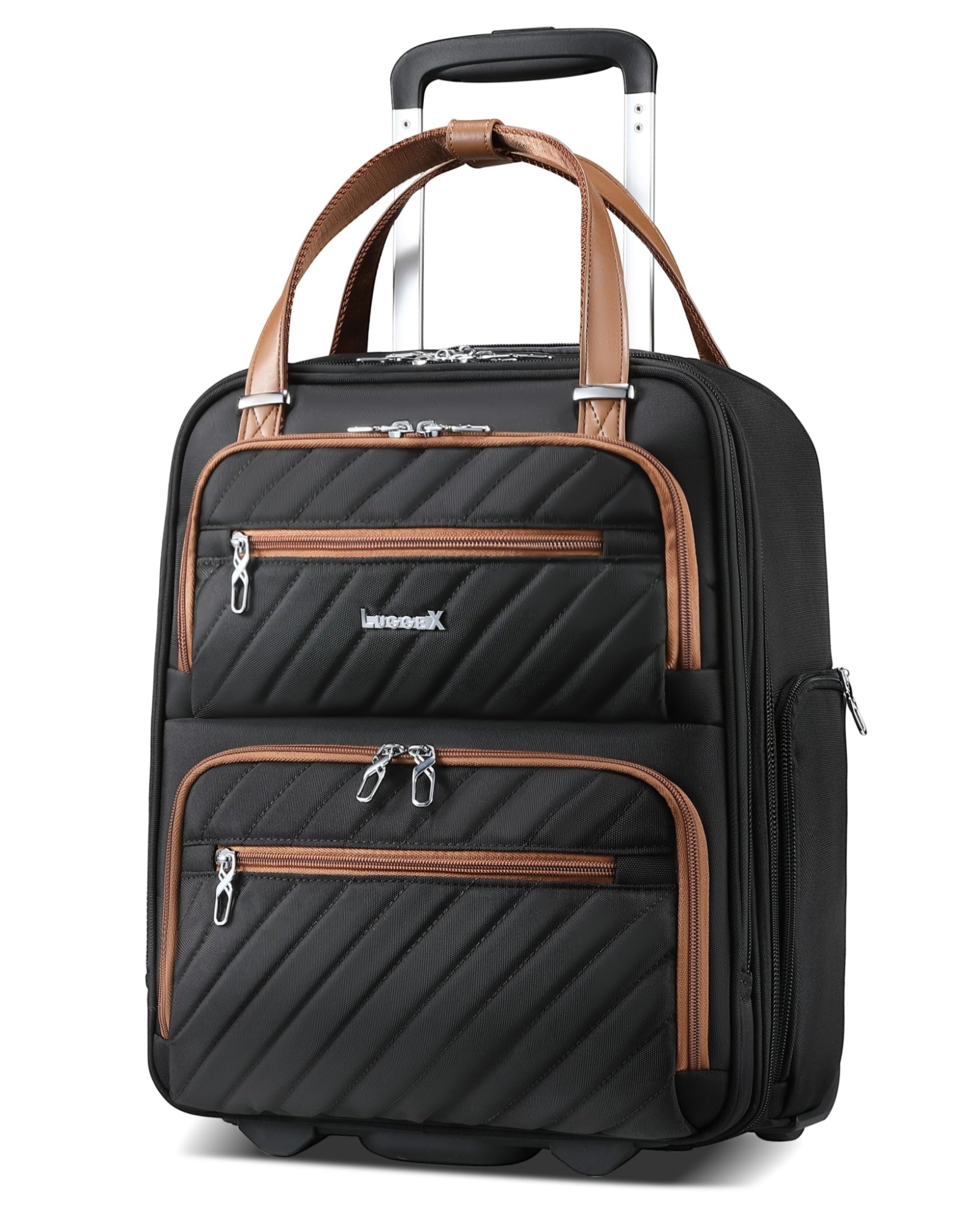 Chestnut Black soft-sided underseat carry-on luggage with wheels, front view of fashionable compact suitcase for short trips featuring laptop compartment.