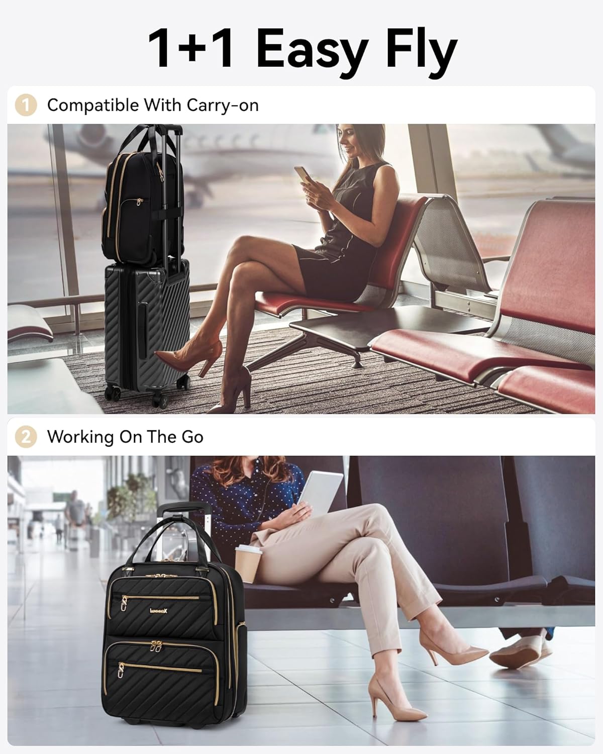 Compact underseat carry on luggage with smooth-rolling wheels, airline-approved size fits under airplane seats, durable lightweight design for travel convenience.