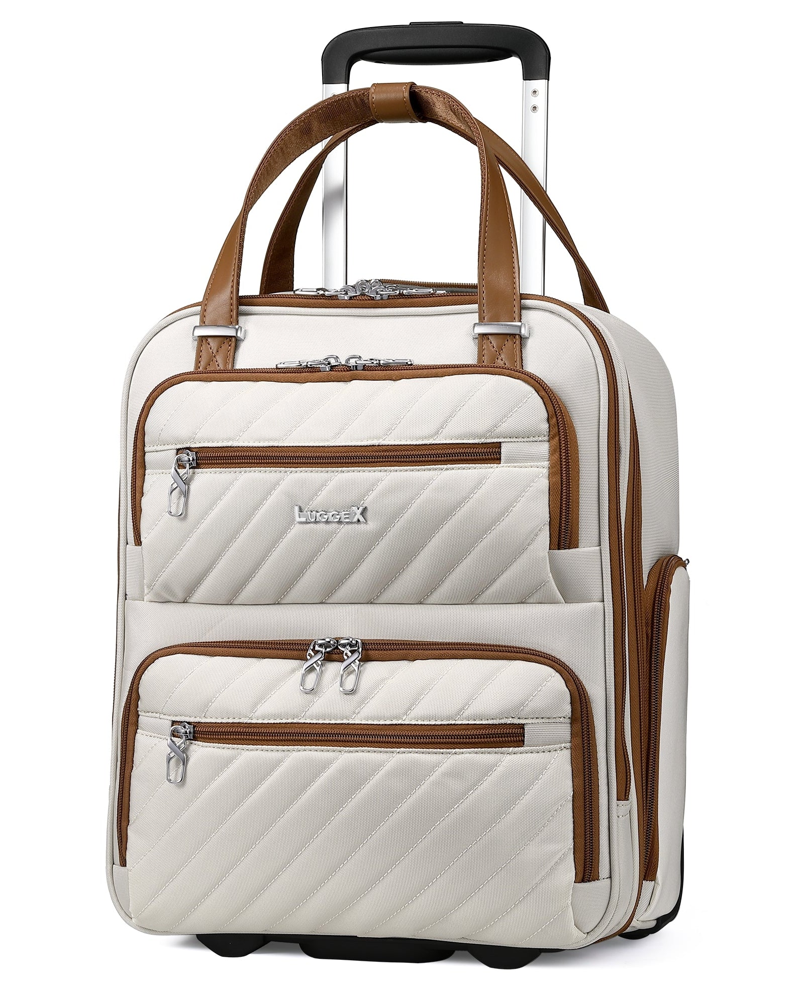 Cream-White soft-sided underseat carry-on luggage with wheels, front view of fashionable compact suitcase for short trips featuring laptop compartment.