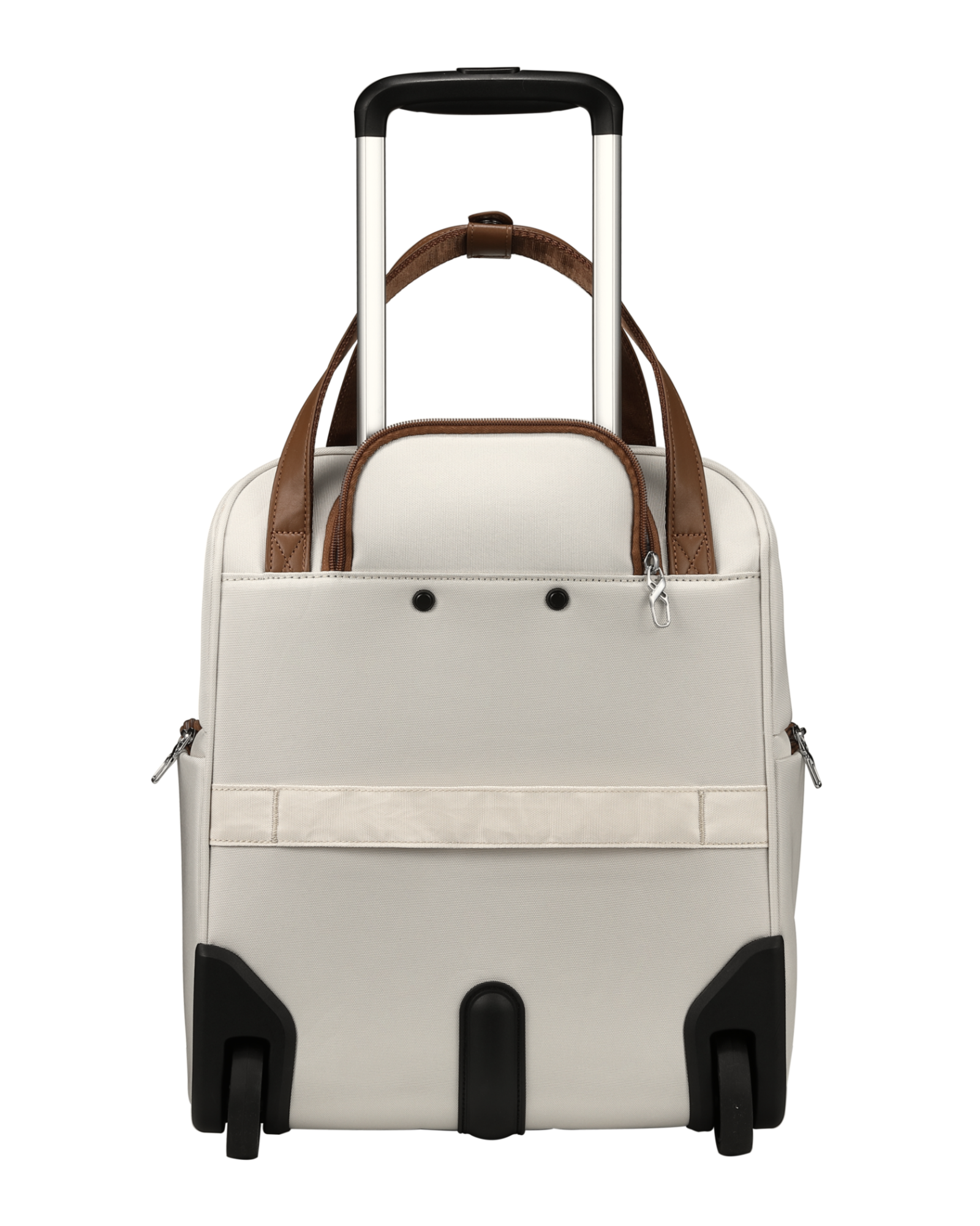 soft-sided underseat carry-on luggage with wheels, front view of fashionable compact suitcase for short trips featuring laptop compartment.